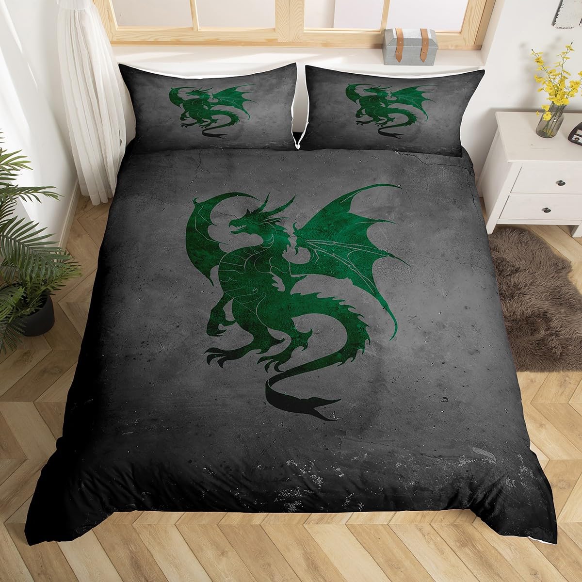 Loussiesd Dragon Duvet Cover Green Gray Dragon Bedding Set Junior/Cot Bed Size for Boys Girls Magic Mysterious Comforter Cover Animal Bedroom Decor 2Pcs