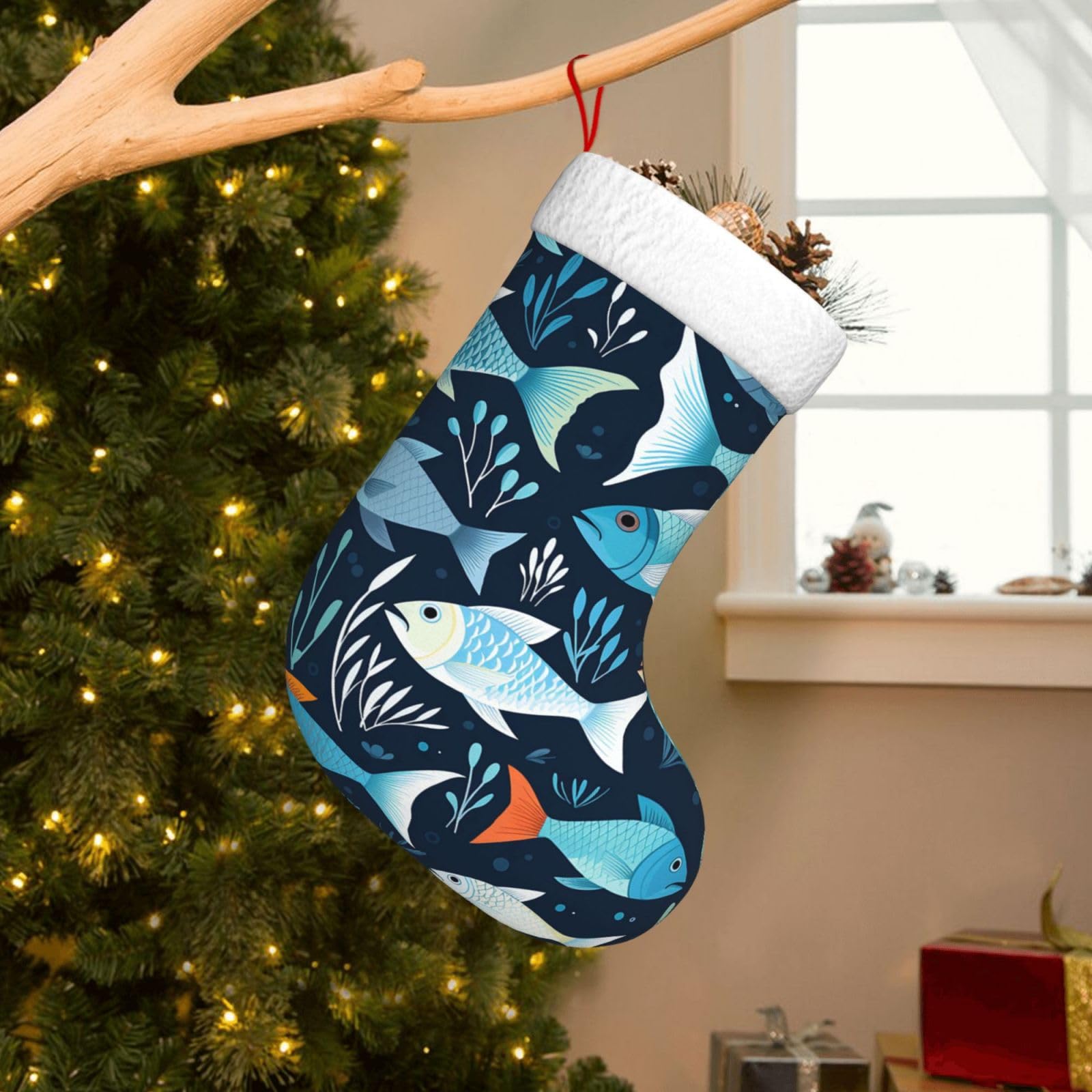 Velvet Christmas Stockings 17.7 Inch, Fishes Pattern Xmas Stocking with Soft Cuff,Classic Personalized Christmas Tree Decoration for Family Holiday New Year Party Supplies