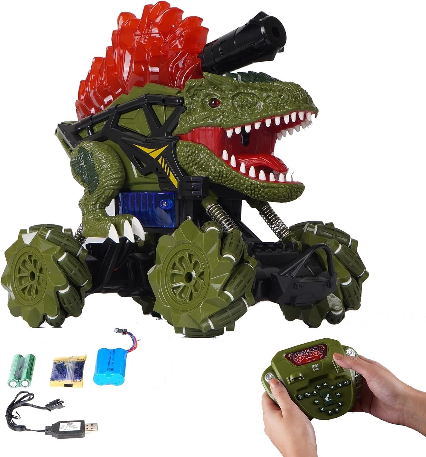 2.4GHz Dino Gel Blaster RC Car - All Terrain RC Car That Shoots Water Bombs | Rechargeable Remote Control Car with Smoke Spray | 4x4 Wheel Drive RC Dino Car with Dino Sound, Music & Dance