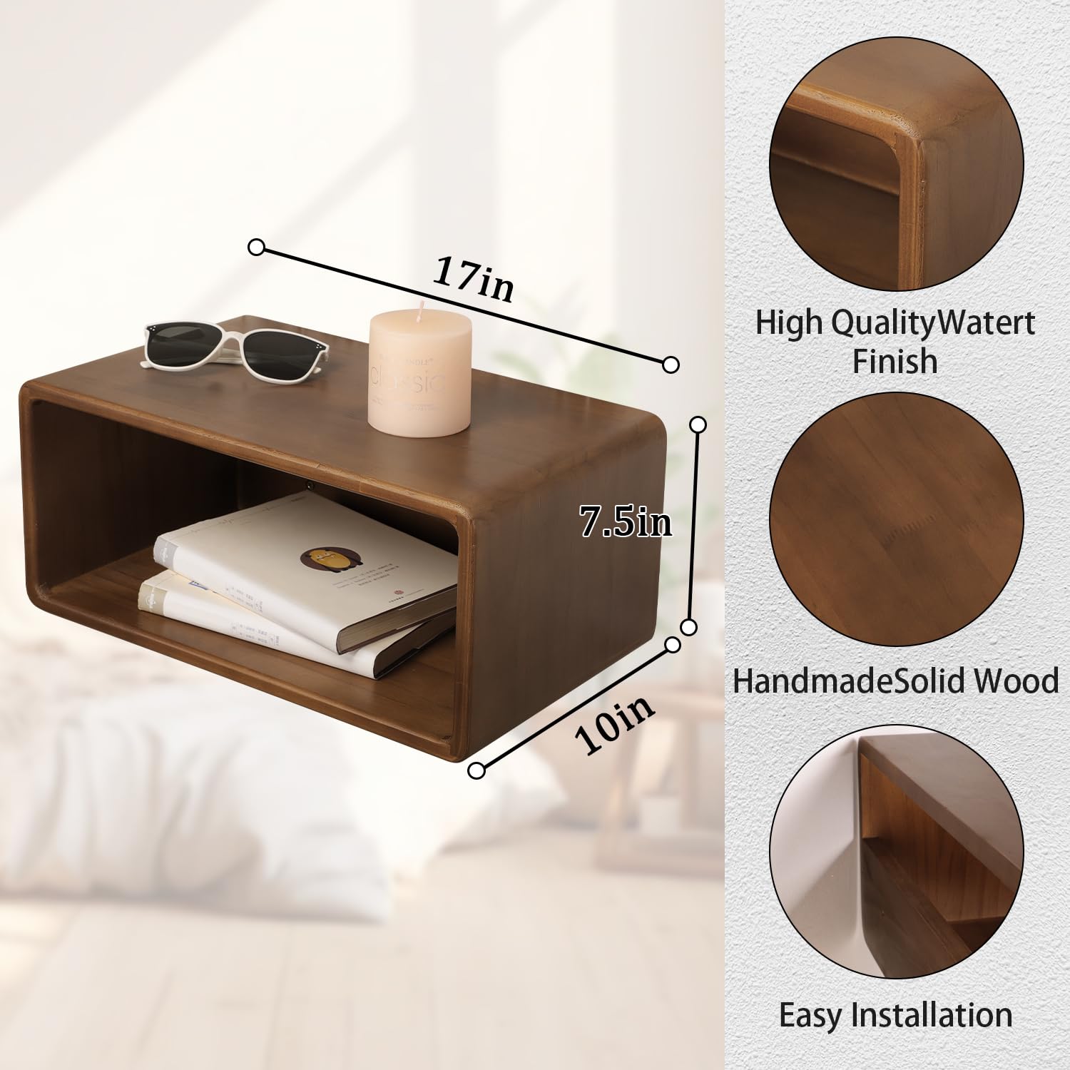 Mesita de noche flotante, estante de noche montado en la pared, muebles de dormitorio hechos a mano, mesa de noche flotante de madera de pino, estilo minimalista y único, 18 x 10 x 7.5 7
