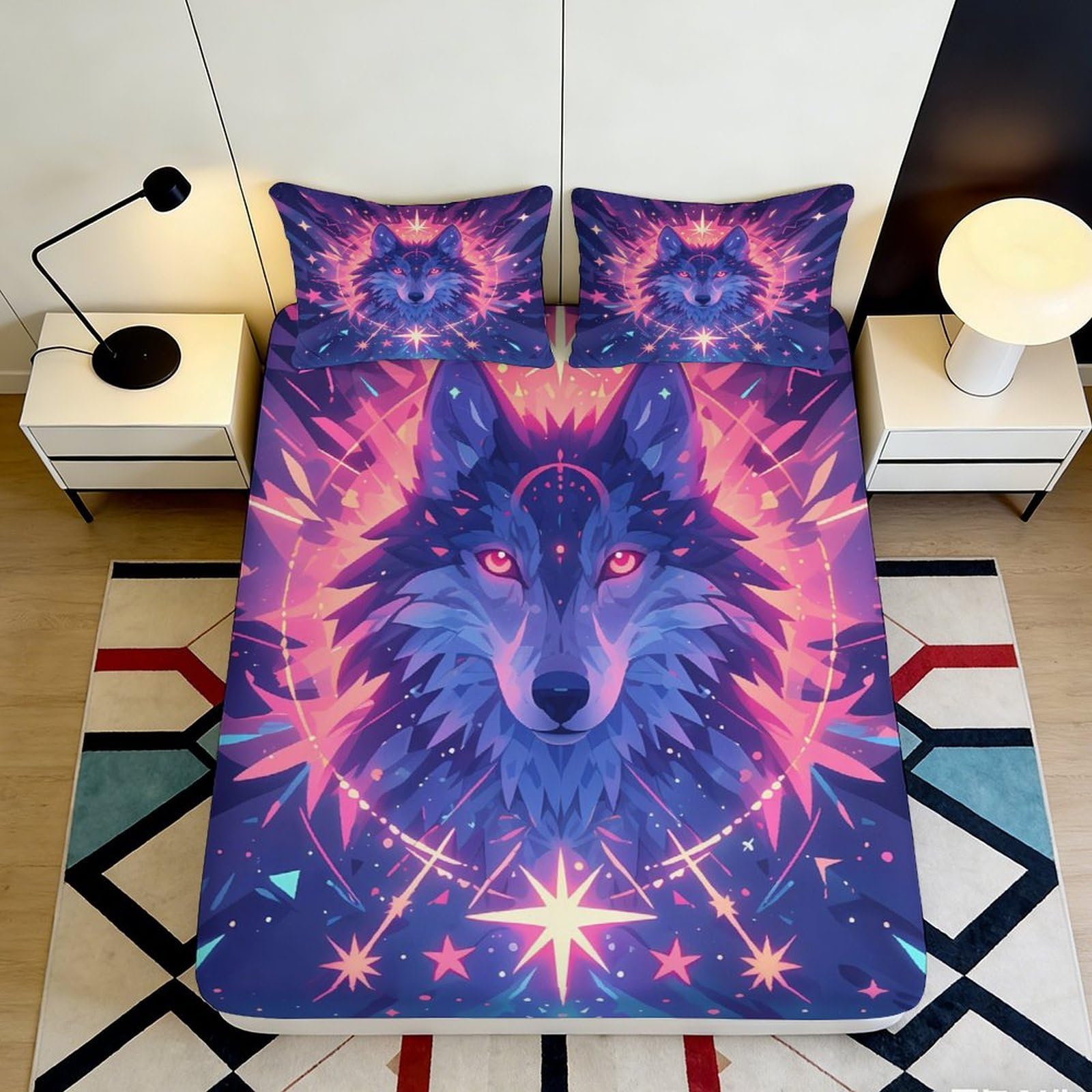 3D Printed Mystic Wolf Fitted Sheet Microfiber Soft Breathable Cosmic Stars Mattress Cover for Bedroom Dorm Dormitory Guest Room Protection Decoration 140x200x25cm