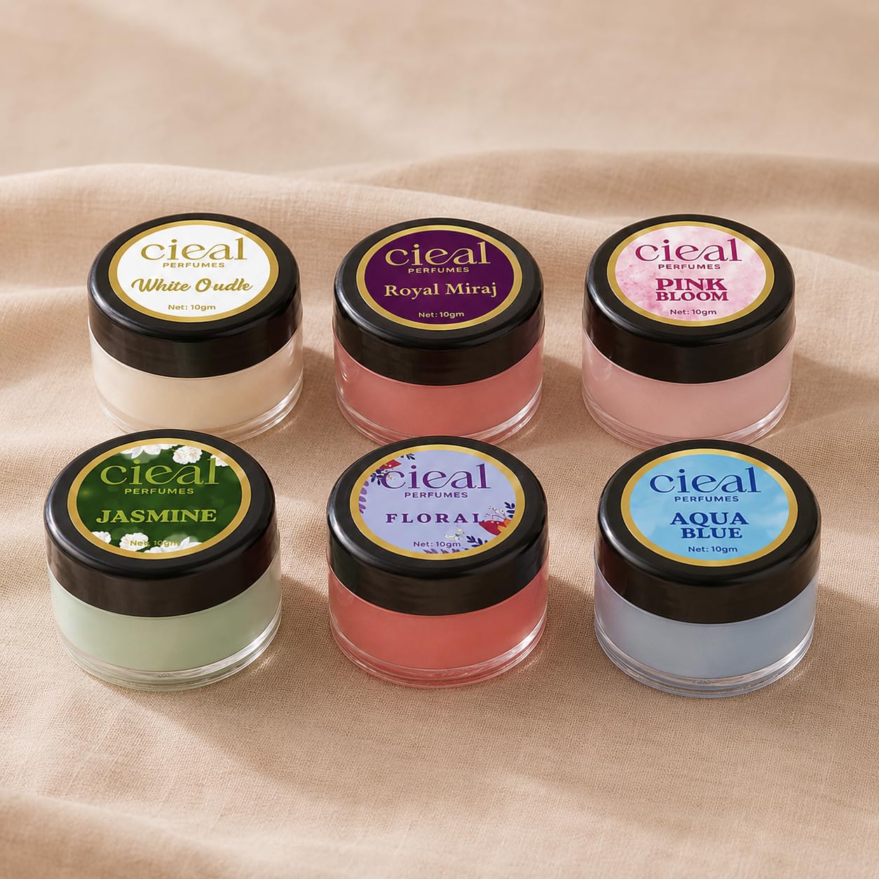 CIEAL Solid Perfume Master Set of 6 (10g Each) – Aqua Blue, Pink Bloom, Royal Miraj, Floral, White Oud & Jasmine | Alcohol-Free Long-Lasting Solid Perfume Balm | Travel-Friendly Pocket Perfume for Men & Women | Premium Fragrance Gift Set-image-22