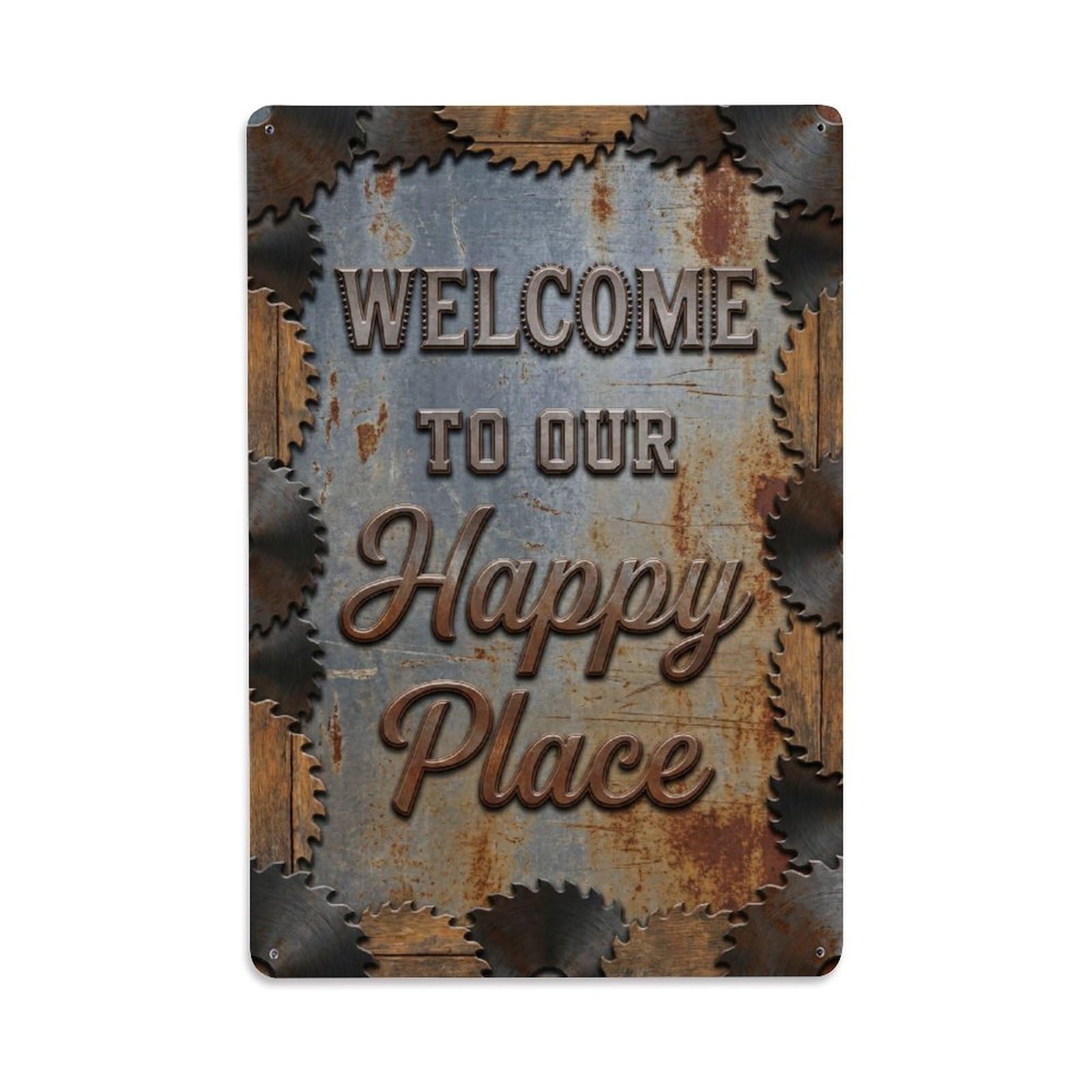 Okngb Style Sea Buckthorn Welcome Happy Place Fruit Orchard Gate Metal Tin Sign Plaque Wall Decor For Cafe, Man Cave, Club Bar, Office, Home Garden Round Metal Poster 8X12inch