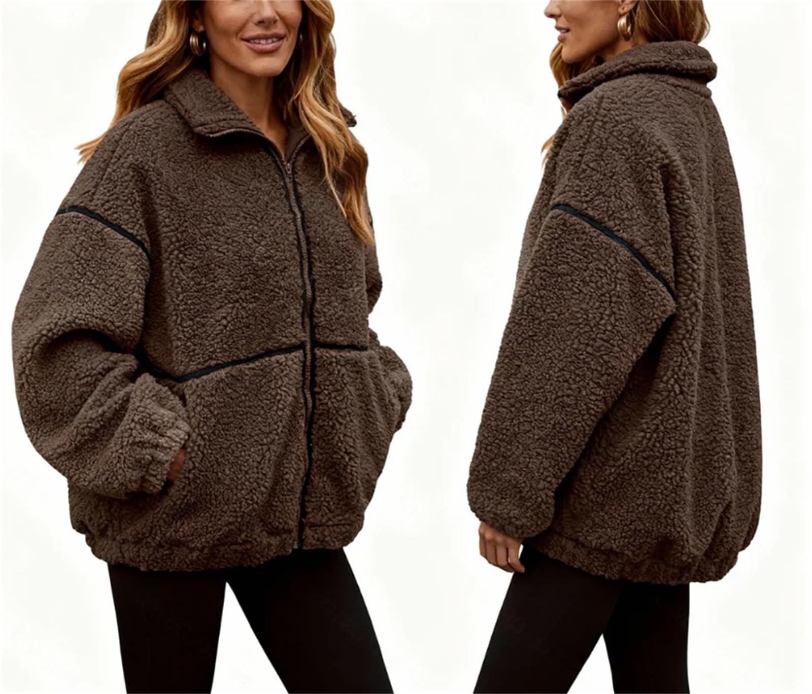 Generisch Damska kurtka polarowa Sherpa, kurtka zimowa w stylu oversize, z zamkiem błyskawicznym, puszysta damska kurtka zimowa z zamkiem błyskawicznym, swobodny płaszcz zimowy z kieszeniami
