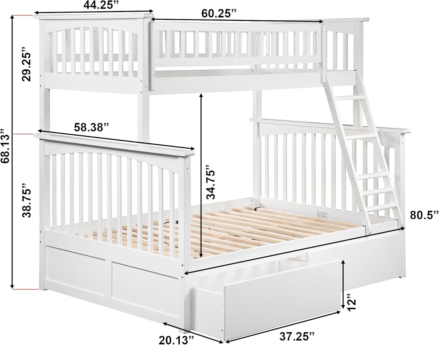 AFI Columbia Twin over Full Size Bunk Bed with Bed Drawers and Charging Station in White