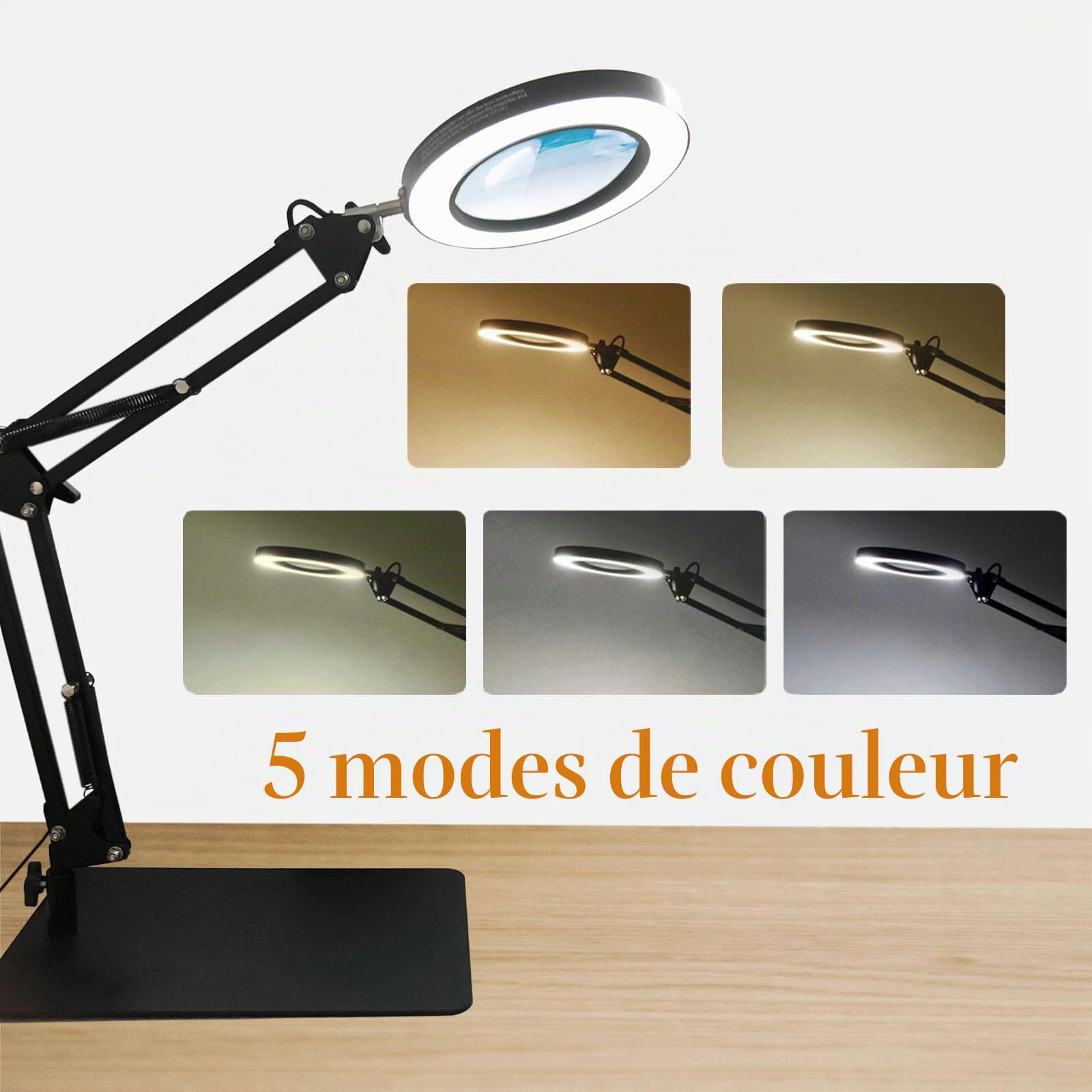 ELITUN Loupe avec lumière, 10 lampes loupes LED, lampe de travail avec pince et base, 5 modes de couleur, 10 niveaux d'intensité variable, lampe de table pour le bricolage, la lecture