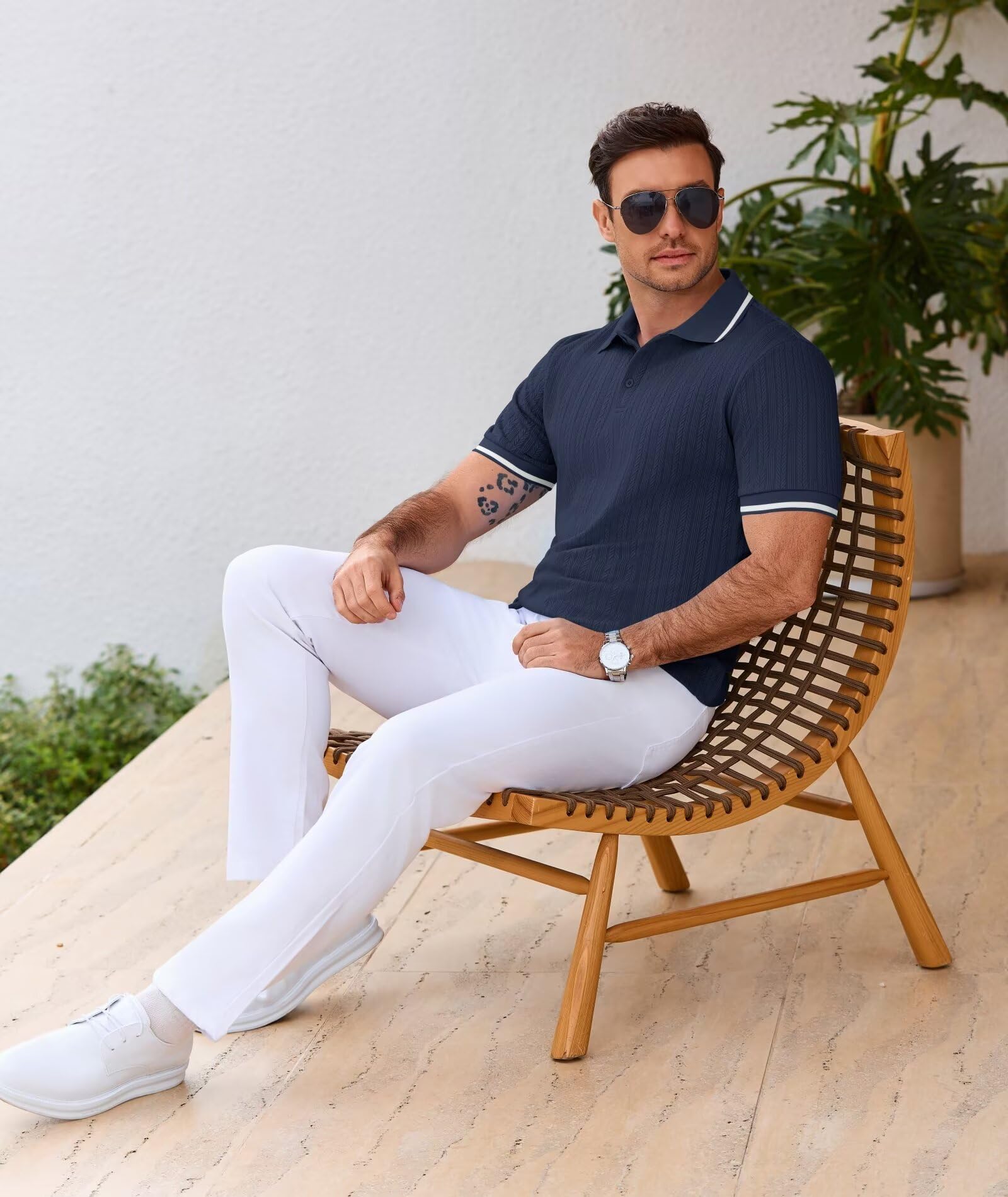 Elainone Polo à manches courtes pour homme - En tricot - Pour le golf - Pour l'été - Vintage - Classique - Avec col contrasté