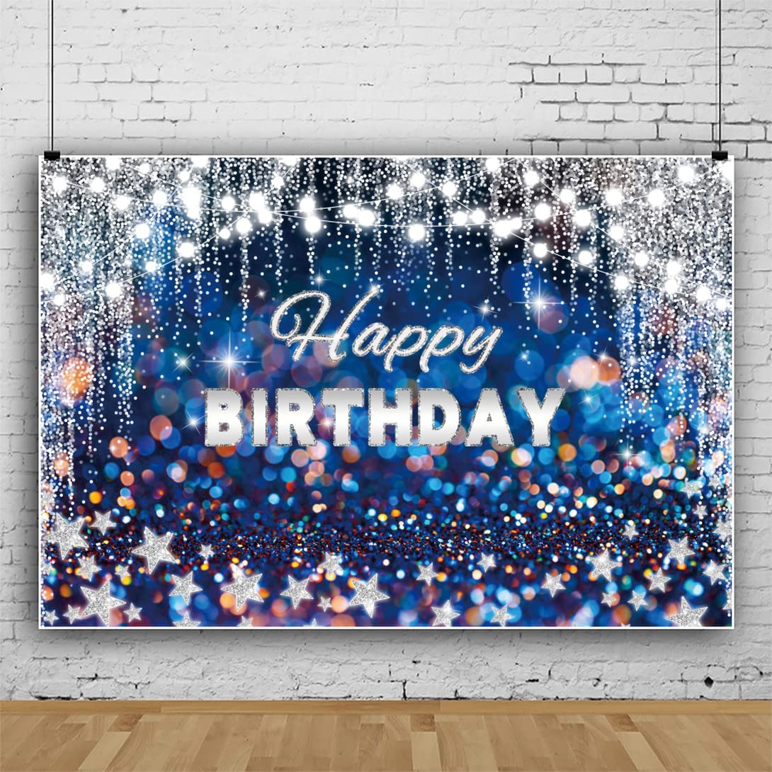 1,5 x 9 m niebieskie błyszczące tło Happy Birthday brokat srebrna gwiazda z frędzlami błyszczące tło fotografia sznur światło tło fotografia tło baby shower baner urodzinowy