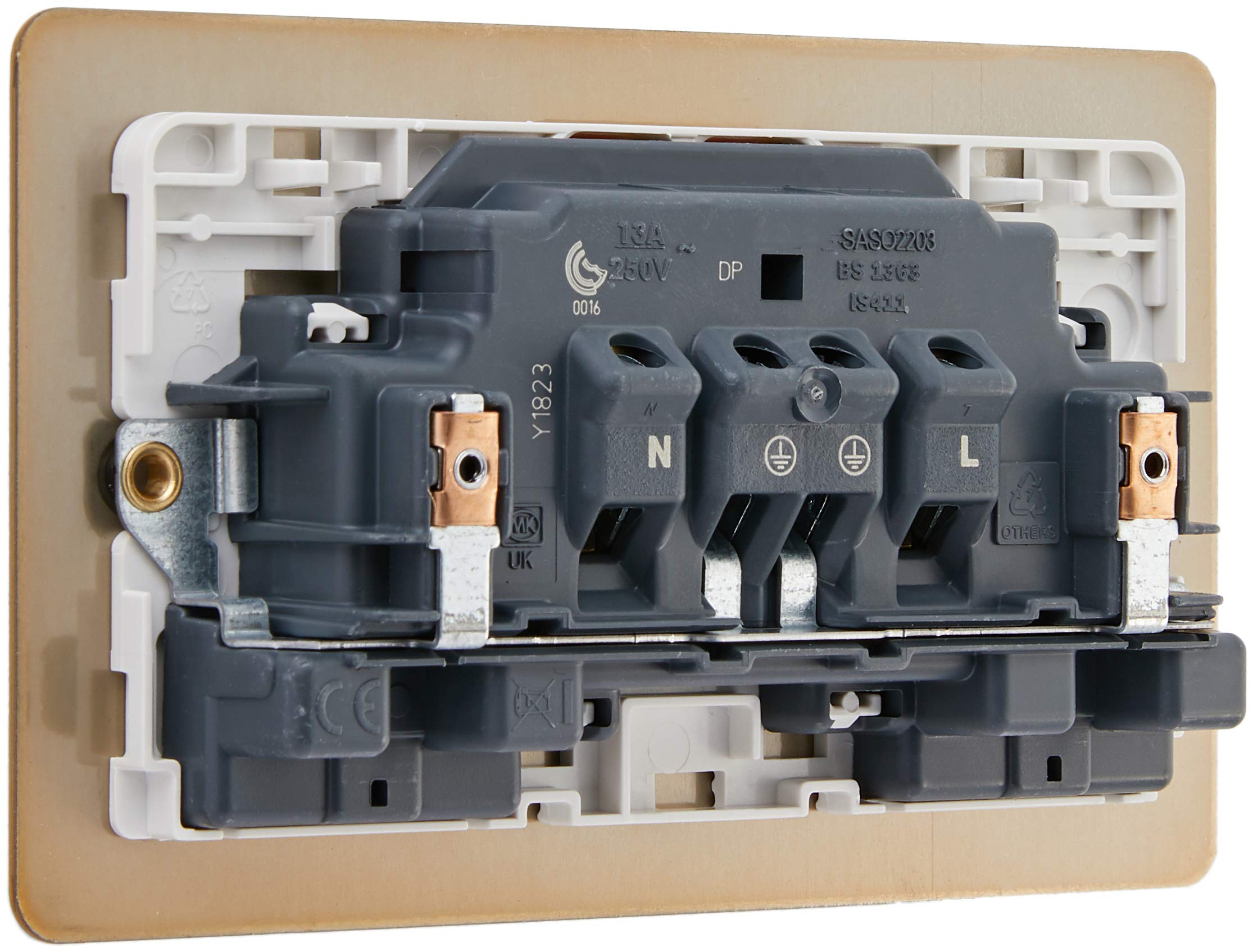MK Edge K14647SAGW 13A Double Switched Socket with Neon/Double Pole/Dual Earth - Satin Gold - Image 2