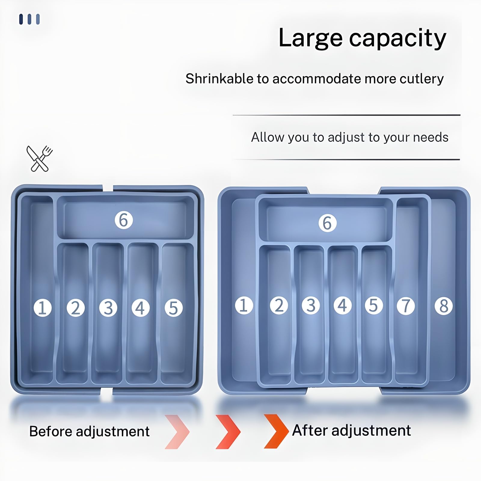 Organiseur de tiroir pour argenterie, porte-ustensiles, organiseur de tiroir de cuisine, en silicone, antidérapant, sans BPA, réglable, extensible, grande capacité de rangement, cuillère,