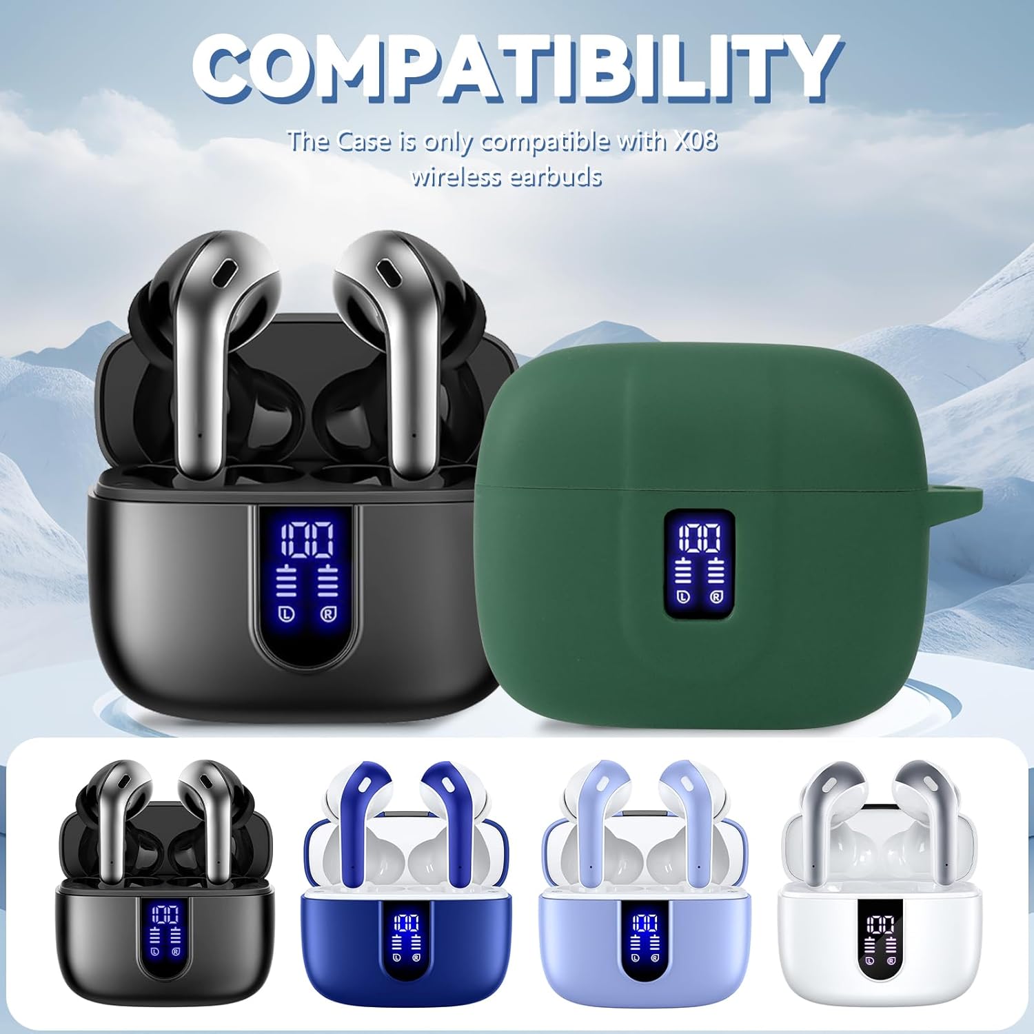 Silicone Case for TAGRY X08 Wireless Earbuds Case, Compatible with TAGRY Bluetooth Headphones True Wireless Earbuds with Keychain with Cleaning Pen - Green - Image 2