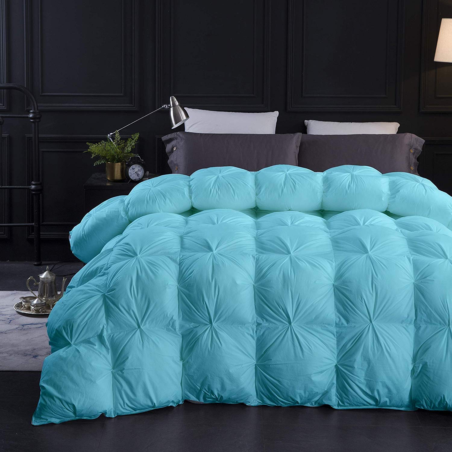 Home Luxury Living Aqua All Season Down Alternative Pintuck Comforter- Grand King Size 106 x 106 Inches 1 pc Pinch Pleated Comforter 600 GSM & 4 - Corner Tabs 100% Egyptian Cotton- Aqua Solid