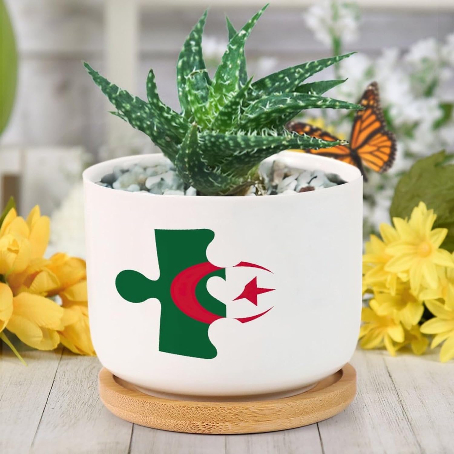 Algeria Flag Puzzle with Heart Planter Ceramic Round Flower Pots with Drainage Holes and Bamboo Tray Pot for Home Office Desk Garden