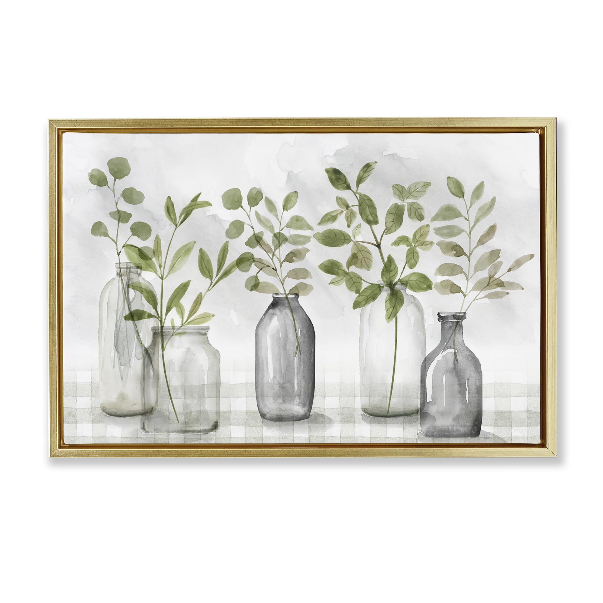 Stupell Industries Metallic Gold (Matte) 'Greenery Leaves In Vases'| Floating Frame Canvas Art