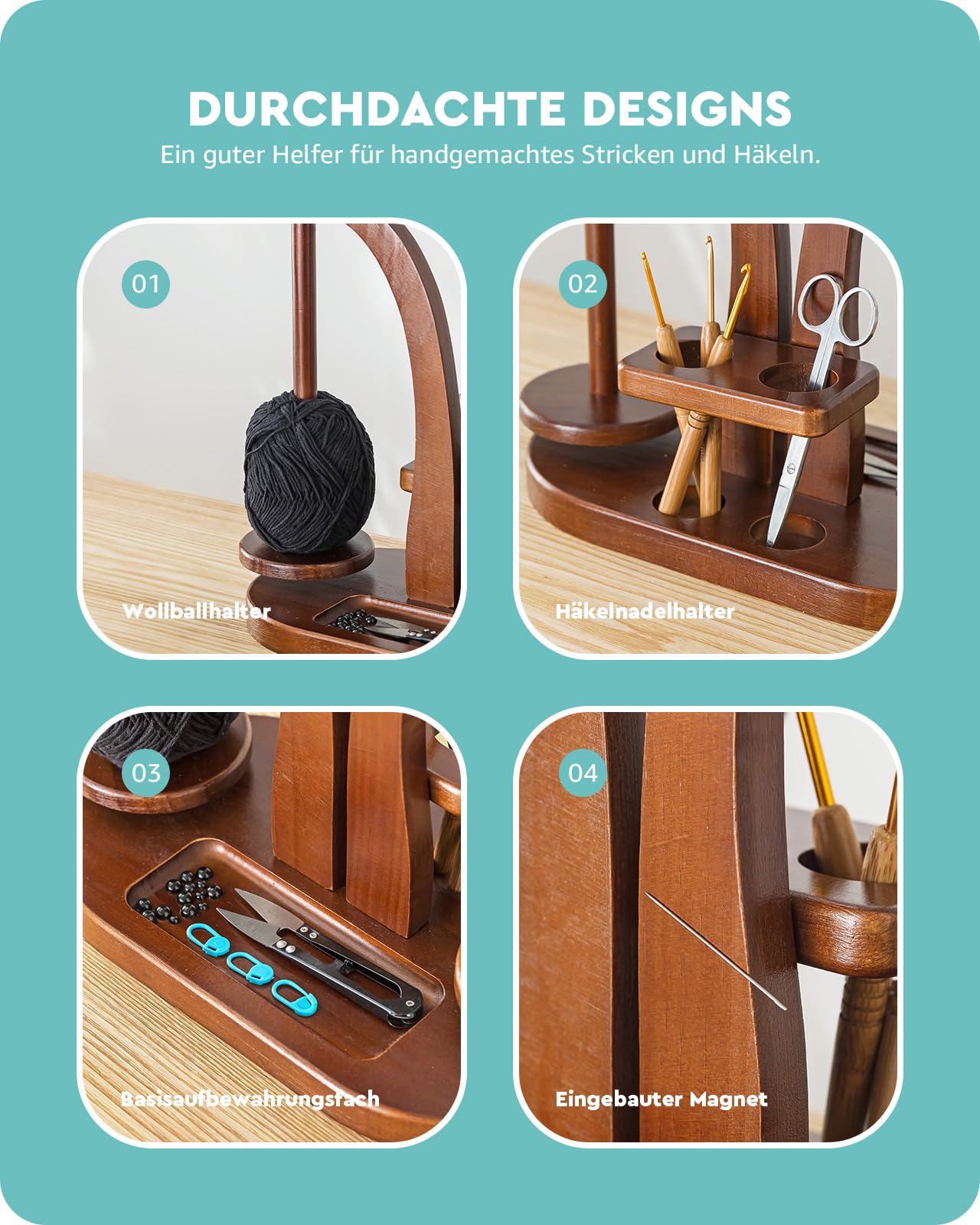 Baffect Wollabwickler Magnetisch, Wollhalter Holz mit Strickzubehör Organizer, Doppel Garnballhalter Ständer für Häkelliebhaber