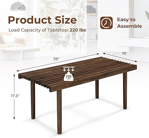 Miniatura 8 de COSTWAY Mesa de centro de madera de goma de 39 pulgadas, mesa central rectangular moderna con tablero de listones, mesa de té de cóctel rústica