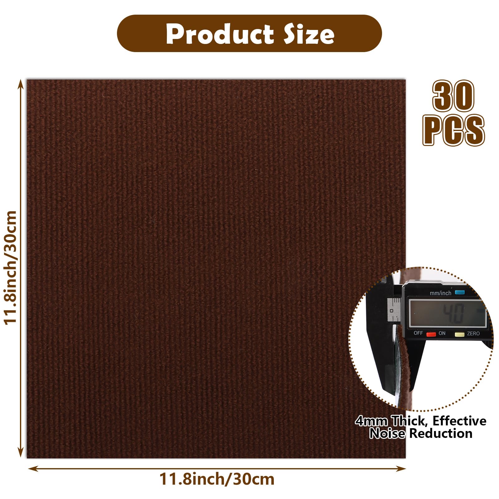 Selbstklebende Teppichfliesen, 30 Stück, Braun, 30 x 30 cm, rutschfest, strapazierfähig, quadratisch, leicht anzubringen und zu verlegen, ideal für Büro, Wohnzimmer und Schlafzimmer, zum Abdecken von