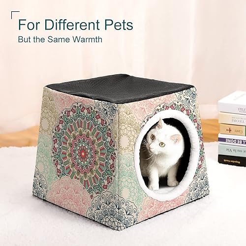Miniatura 7 de Casas y condominios impresos para gatos con diseño de cubo plegable con almohada extraíble, diseño floral de mandala retro