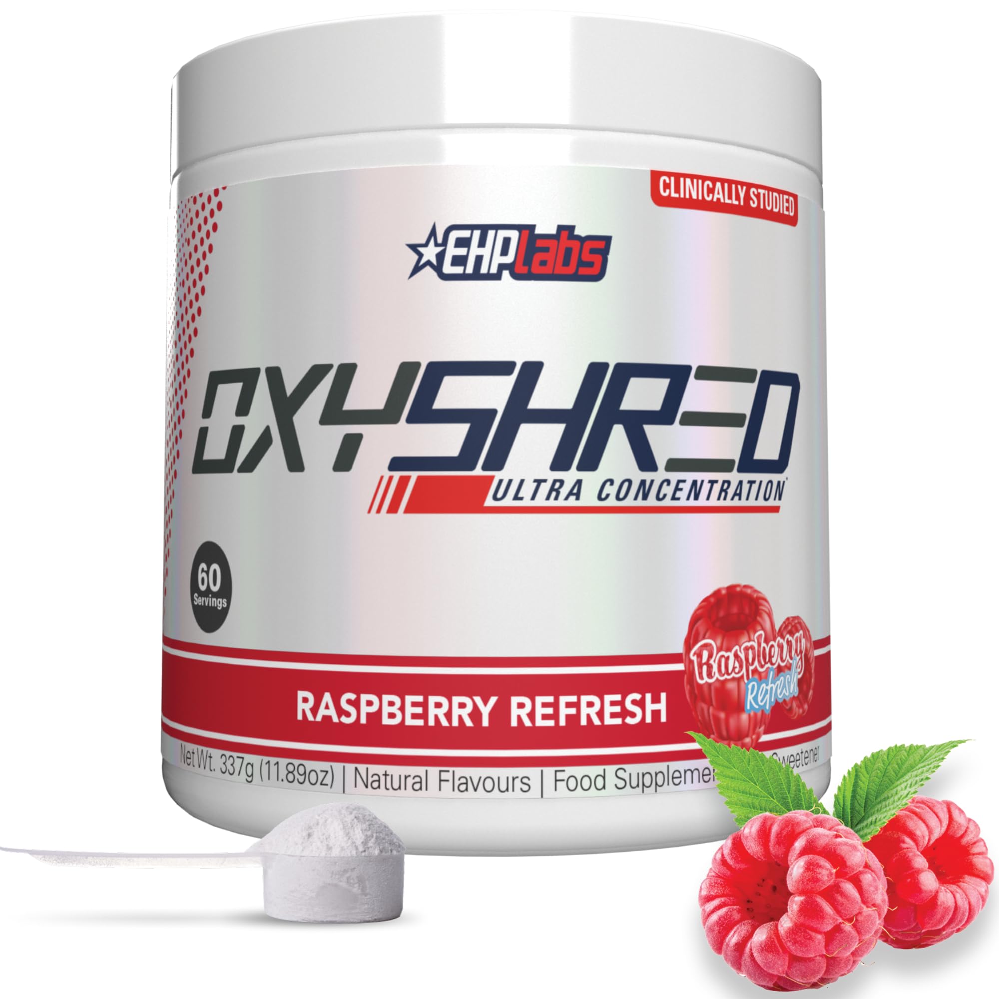 EHP Labs OxyShred Non Stimulant Pre Workout Powder - Stim Free, Caffeine Free Preworkout for Men & Women - Non Stim Preworkout - Sugar Free Energy Powder - Raspberry, 60 Servings