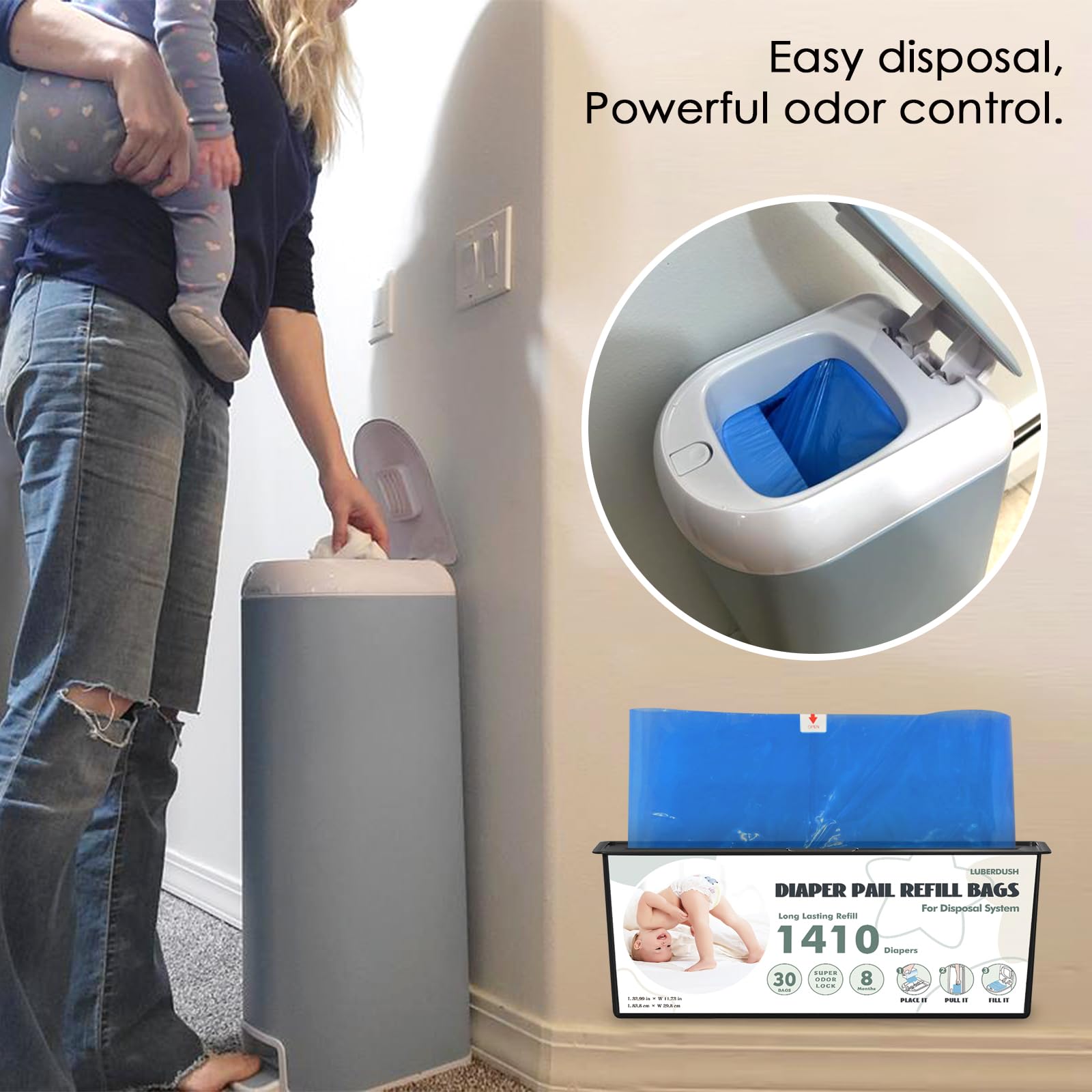 Windeleimer-Nachfüllbeutel, kompatibel mit Genie Easy Roll Signature und Platinum Eimern, jeder 30 Beutel fasst bis zu 1410 Windeln für Neugeborene, 7-lagige OdorLock-Technologie, 2 Stück (60 Beutel)