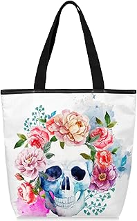 Sacolas de lona com zíper e bolso interno, bolsa de ombro feminina casual bolsa de mão aquarela crânio floral, bolsas de compras reutilizáveis de cozinha bolsas de lona para uso em bolsas de livros, sacolas de compras, sacolas de presente, Multicor