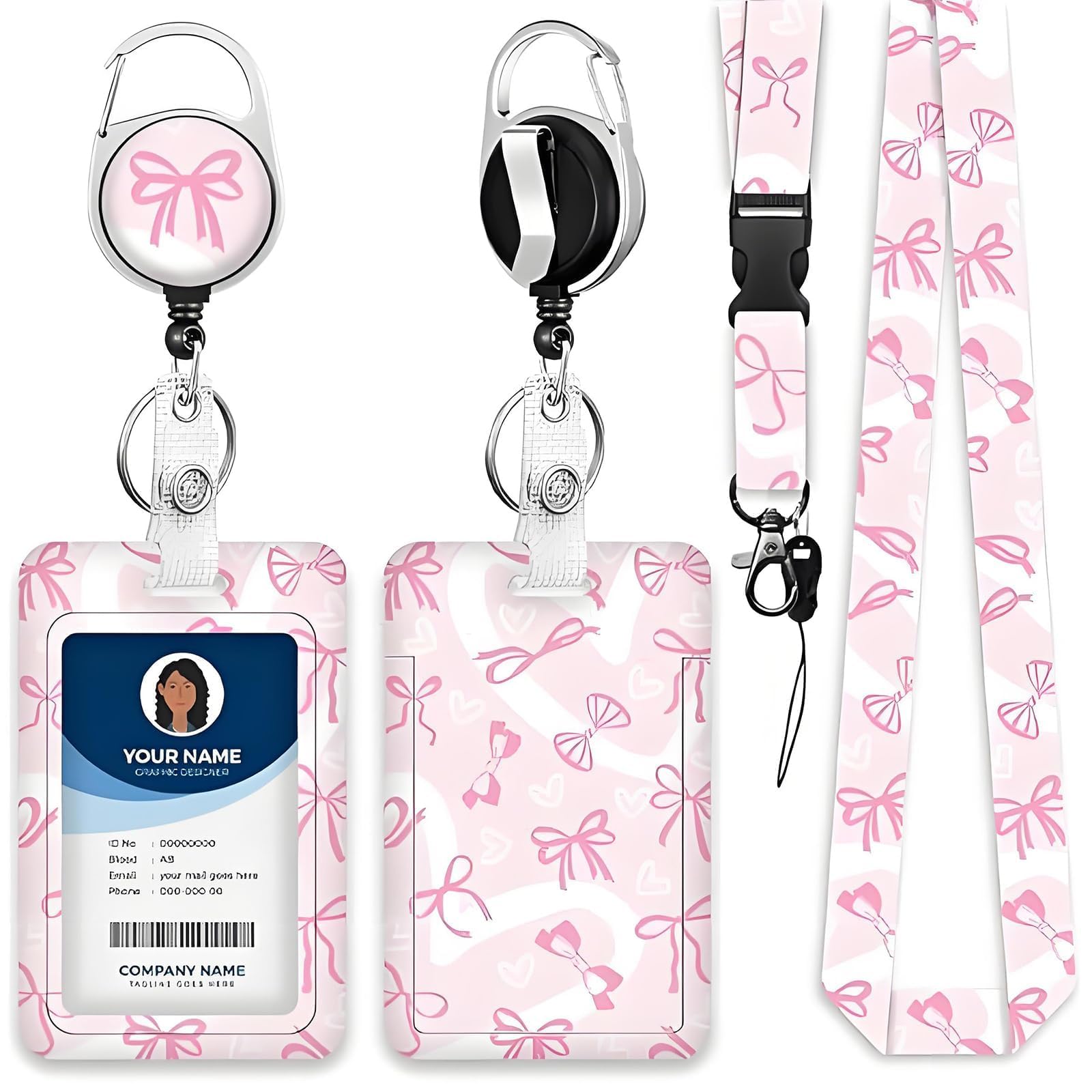 Aiyraa Bow Tie Print Lanyard and Card Holder - Cute Pink Retractable Badge Reel with Plastic Card Protector for Nurse, Disney Fans, Office Worker, Teacher, Student