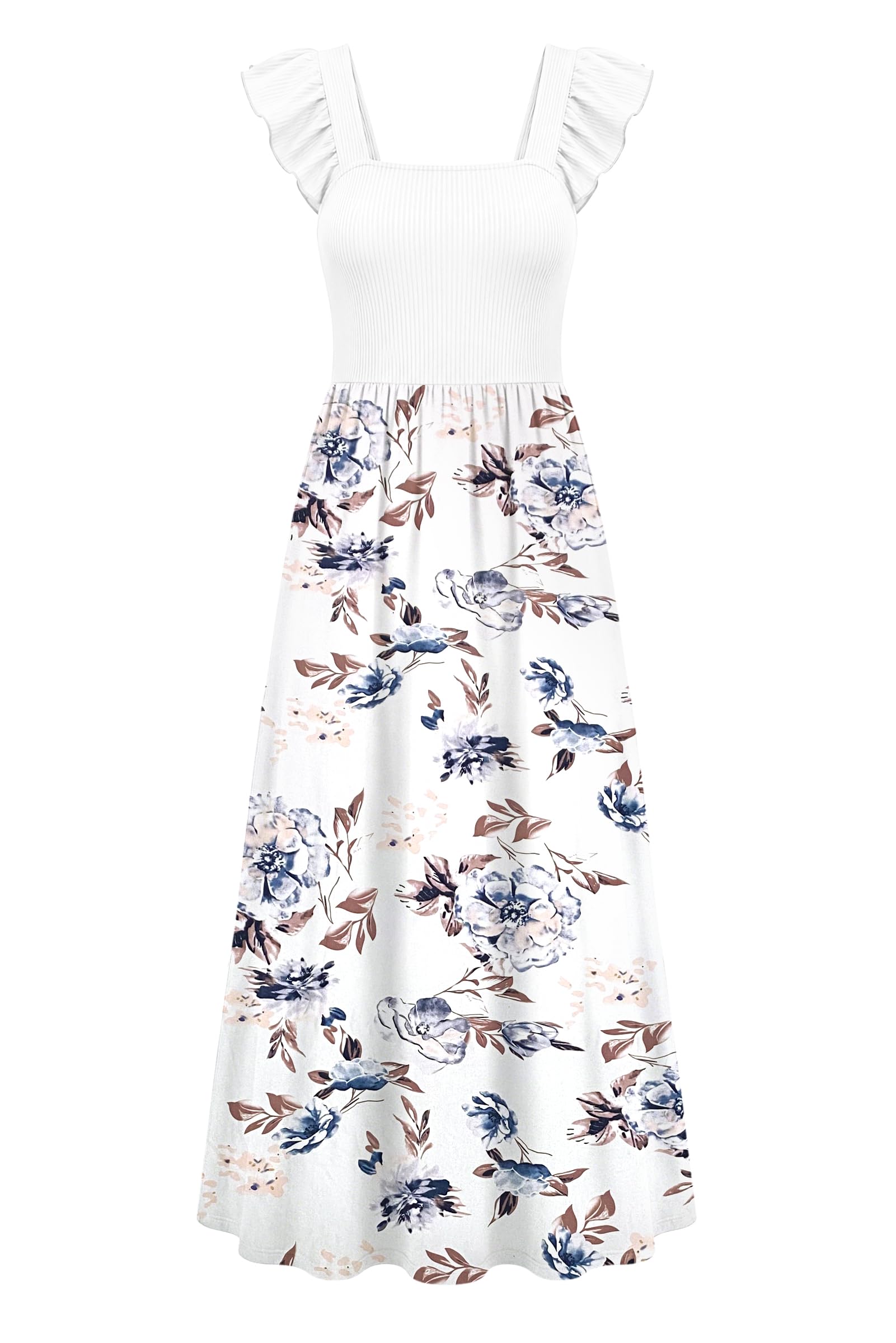 AUSELILY Robe Longue D'été Femme Col Carré Volants sans Manches avec Poches