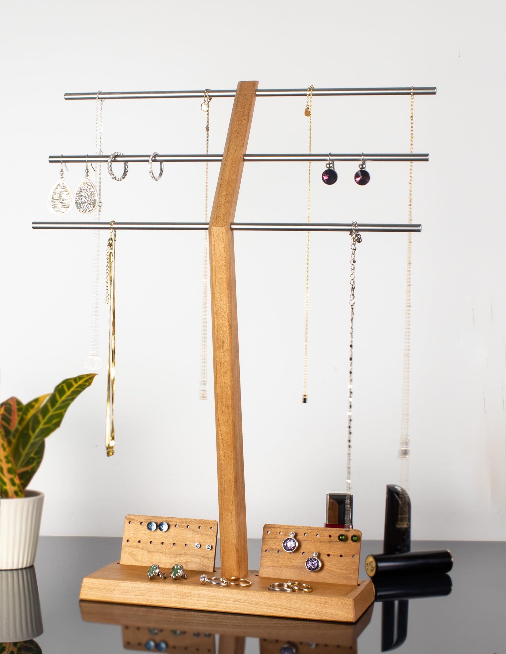 Wood and Steel Design - Schmuckhalter für Ketten, Ringe, Ohrringe, Ketten, Halsketten und Armbänder, 4 Ebenen, Kirschbaum Massivholz/Edelstahl