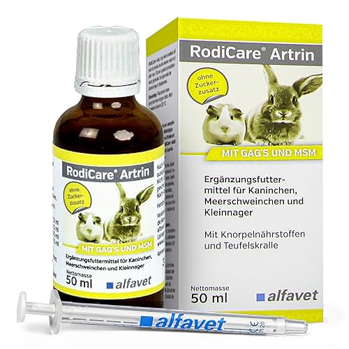 Alfavet RodiCare Artrin, Ergänzungsfuttermittel für Kaninchen, Meerschweinchen und Kleinnager mit Knorpelnährstoffen und Teufelskralle, Dosierspritze, 50 ml Glasflasche