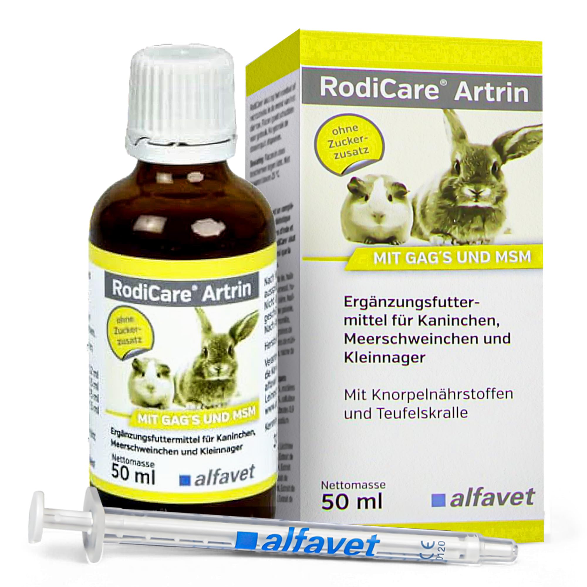 Alfavet RodiCare Artrin, Ergänzungsfuttermittel für Kaninchen, Meerschweinchen und Kleinnager mit Knorpelnährstoffen und Teufelskralle, Dosierspritze, 50 ml Glasflasche