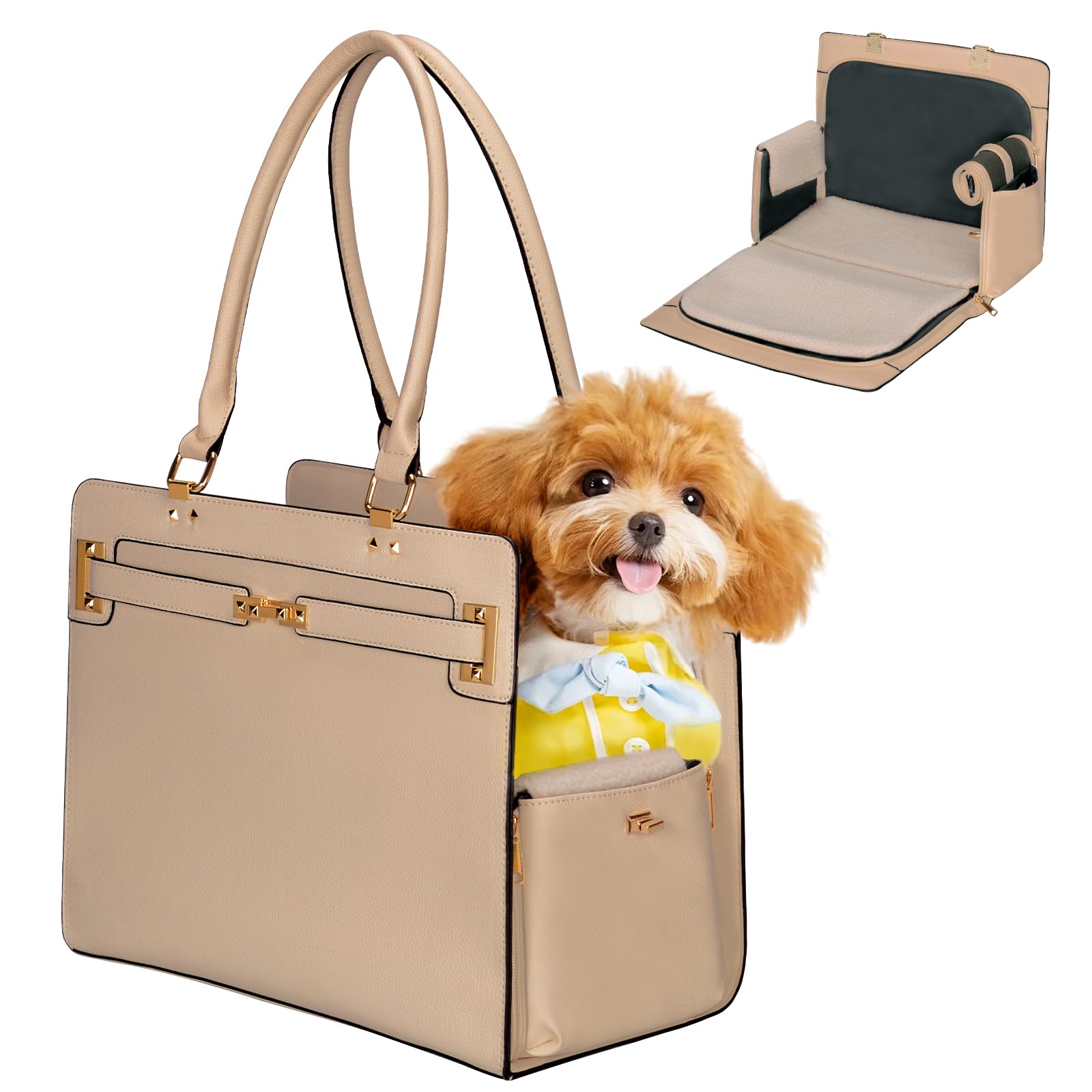 2-in-1 Stylish Dog Purse Carrier Soft-Sided Carriers Travel Tote Bag for Small Dogs Cats, Fashion Foldable Pet Bag for Puppies Small Animals with Pockets (Khaki, 15" L x 7.5" W x 12.2" H)