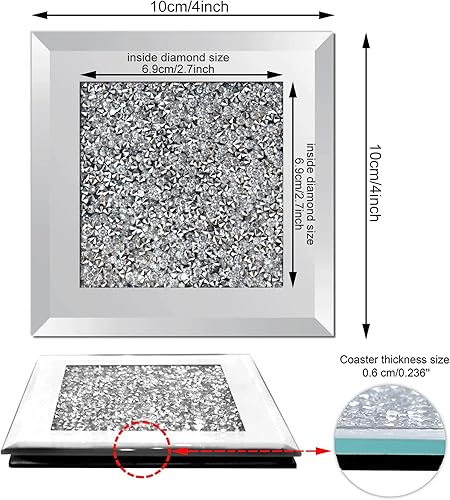 Vista 5 de GIMORRTO Posavasos de cristal con espejo de 8 piezas, taza cuadrada de diamante triturado de 4 pulgadas, decoración en la mesa para bar