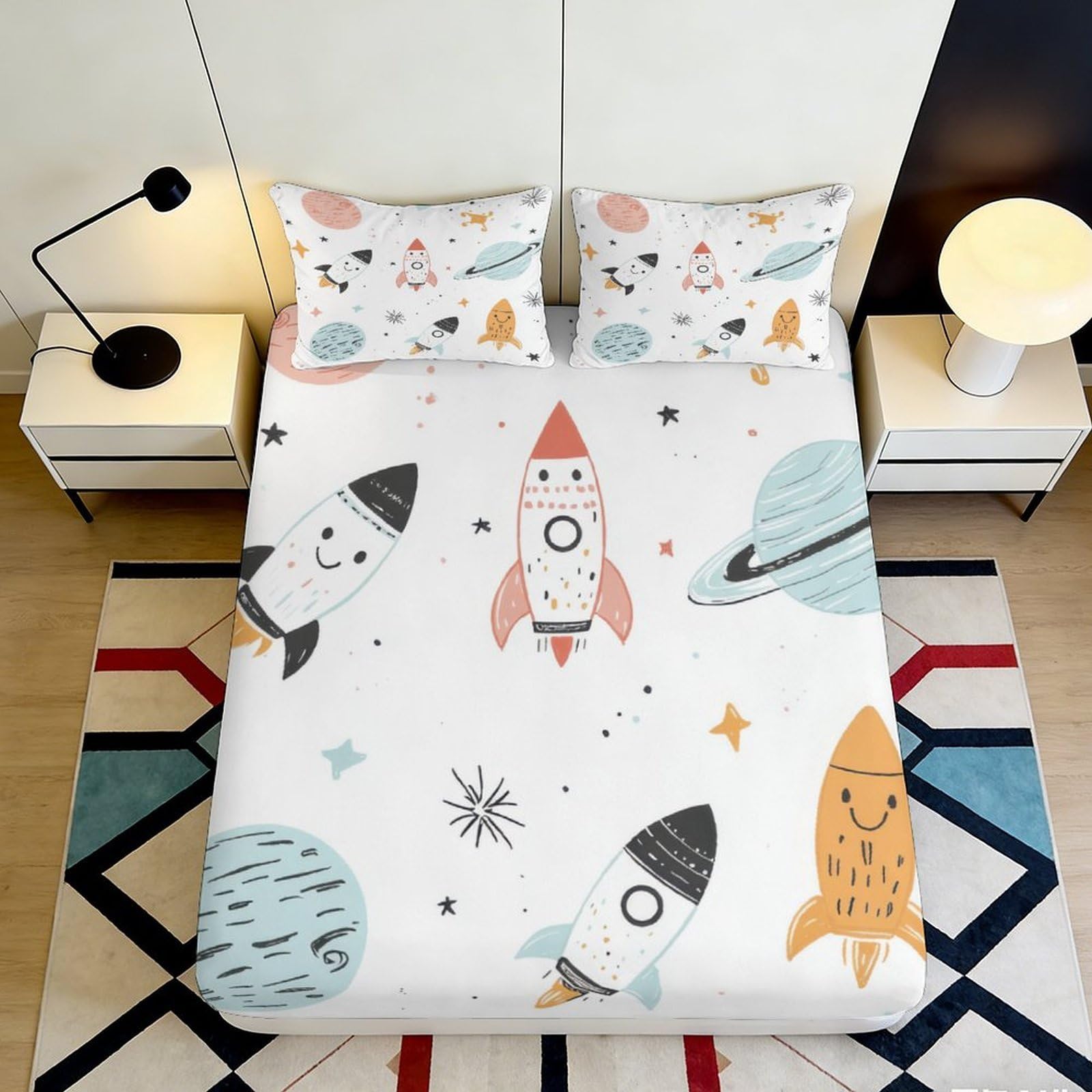 3D Printed Rocket Space Fitted Sheet Microfiber Soft Breathable Planet Bed Cover for Bedroom Guest Room Decor 90x200x25cm