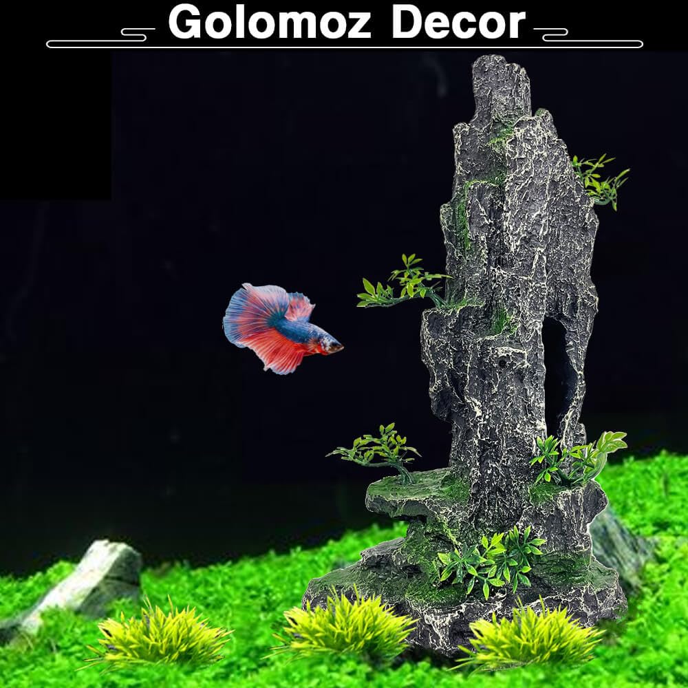 Adorno de piedra con vista a la montaña para acuario, árbol, cueva de roca, decoración de acuario grande y alto, decoraciones de acuario extra grandes para decoraciones de peceras para pecera,