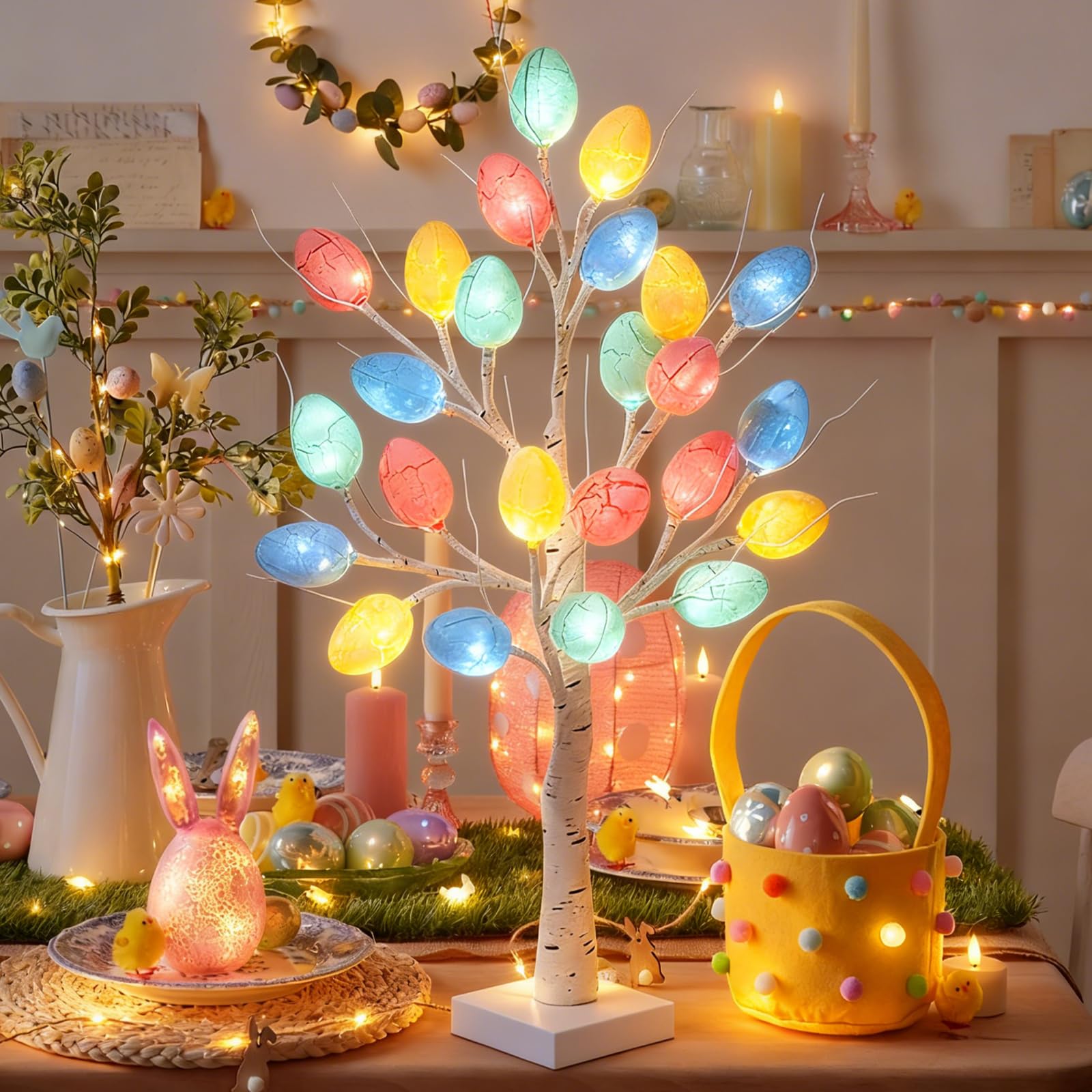 Probuk White Easter Egg Decoration Tree 60Cm With 24 Led Lights & 24 Pastel Ornaments, Lighted Birch Twig Lamp For Tabletop Decor, Battery Or Usb Powered Spring Holiday Decoration For Home Office