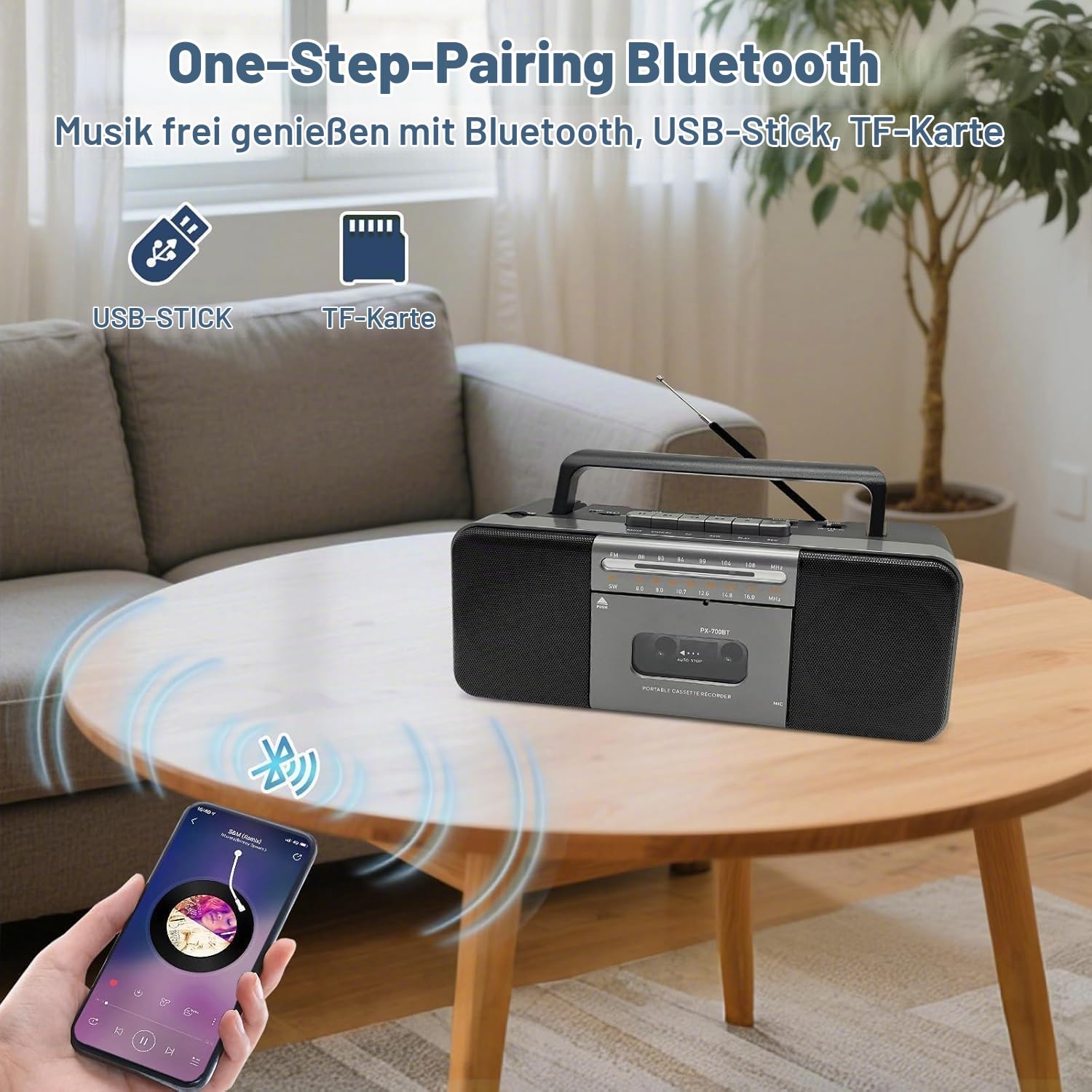 Tragbarer Bluetooth Kassettenspieler Boombox mit Kassettenrecorder, AM/FM/SW Radio, 10W Dual-Lautsprecher, USB/TF/MP3 Wiedergabe, Kopfhöreranschluss, Netz- & Batteriebetrieb - Grau