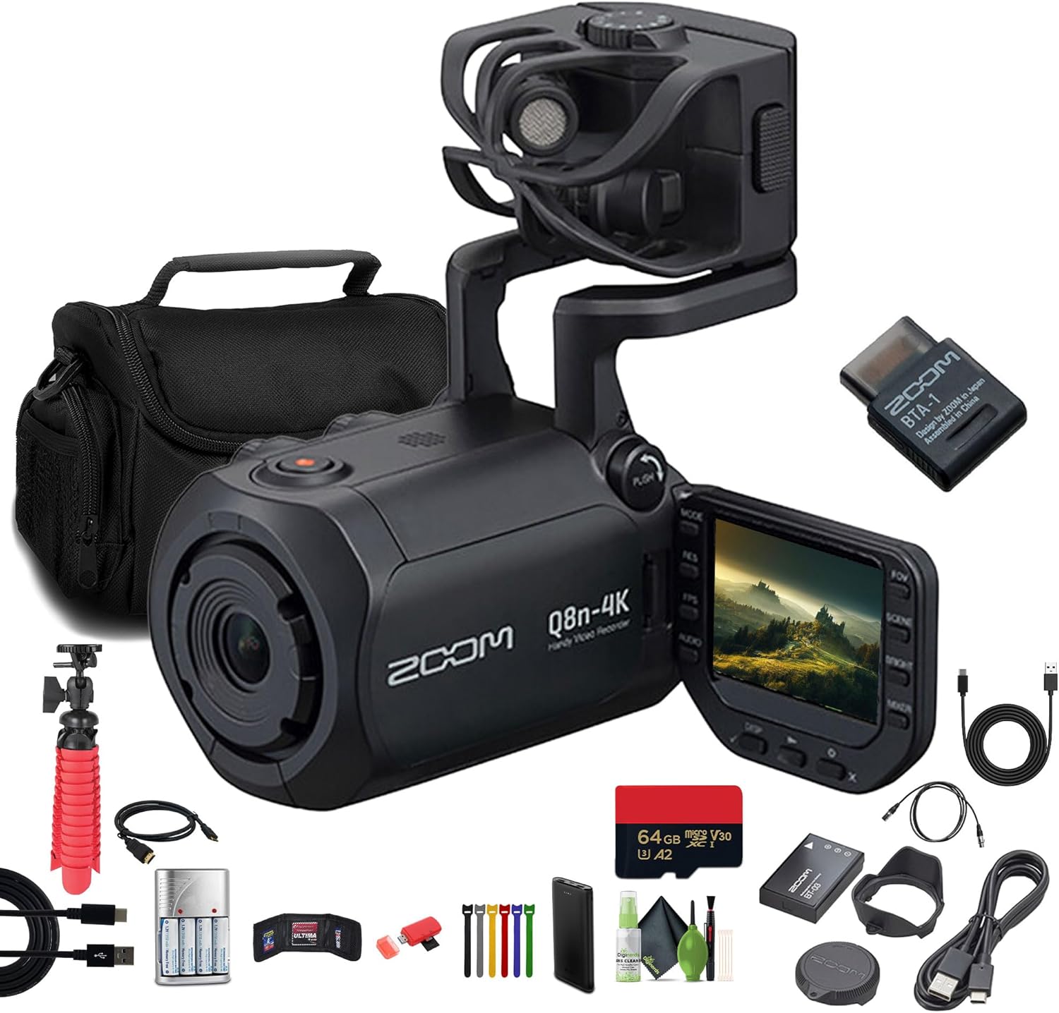 Zoom Q8n-4k Handy Video Recorder Bundle with BTA-1 Bluetooth Adapter + Memory Card microSDXC Extreme Pro 64GB + USB Card Reader, SD/microSD + More