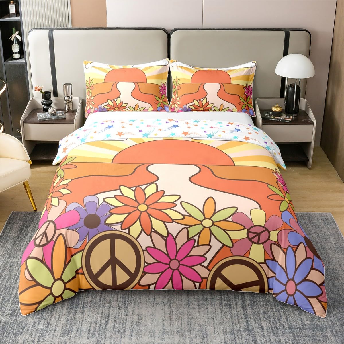 Parure de lit housse de couette 100% coton géométrique jaune