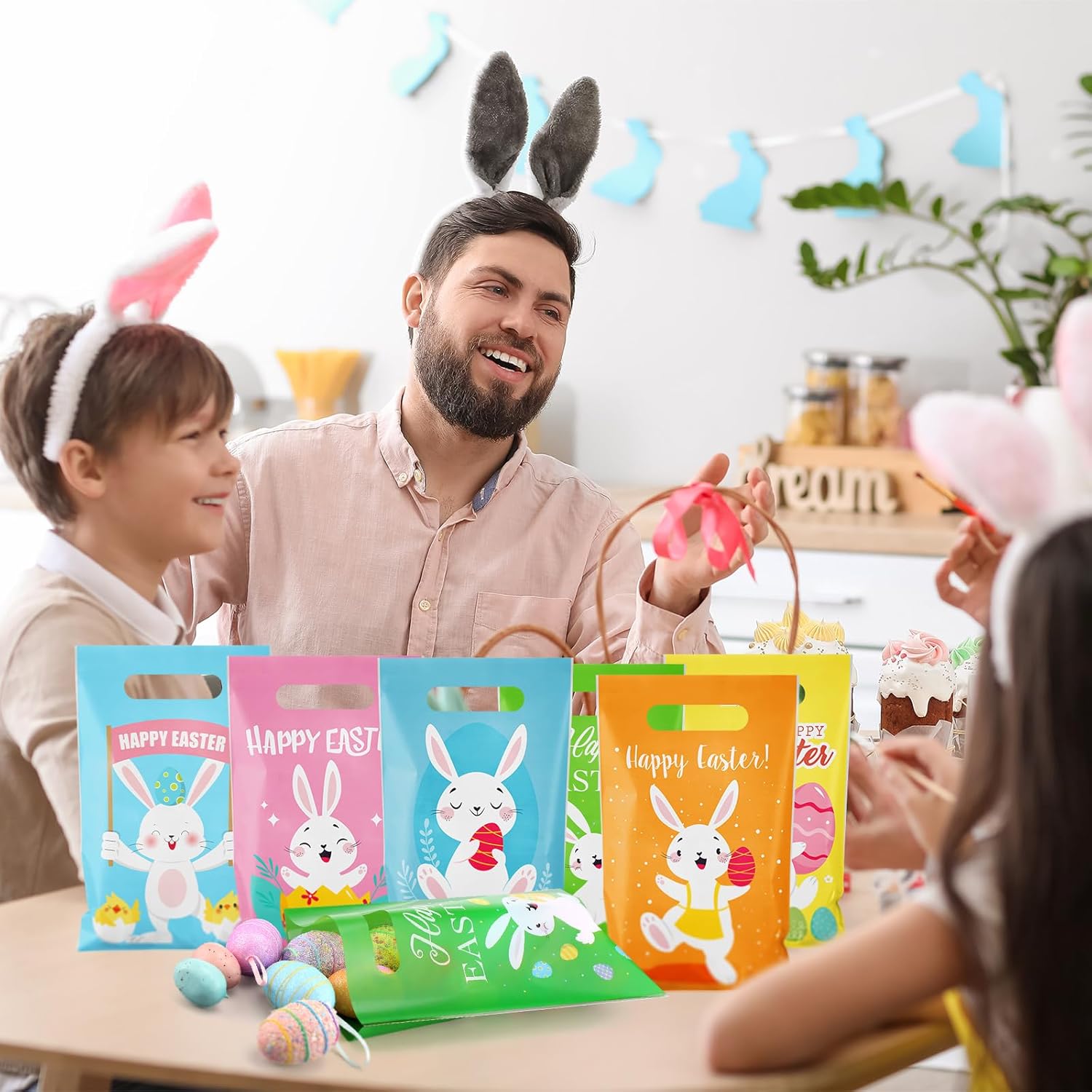 Crtiin 120 Pieces Plastic Easter Gift Bags Large Plastic Tote Easter Candy Goodie Gift with Handles Hunt Bags for Party Favor Supplies, 6 Designs - Image 7