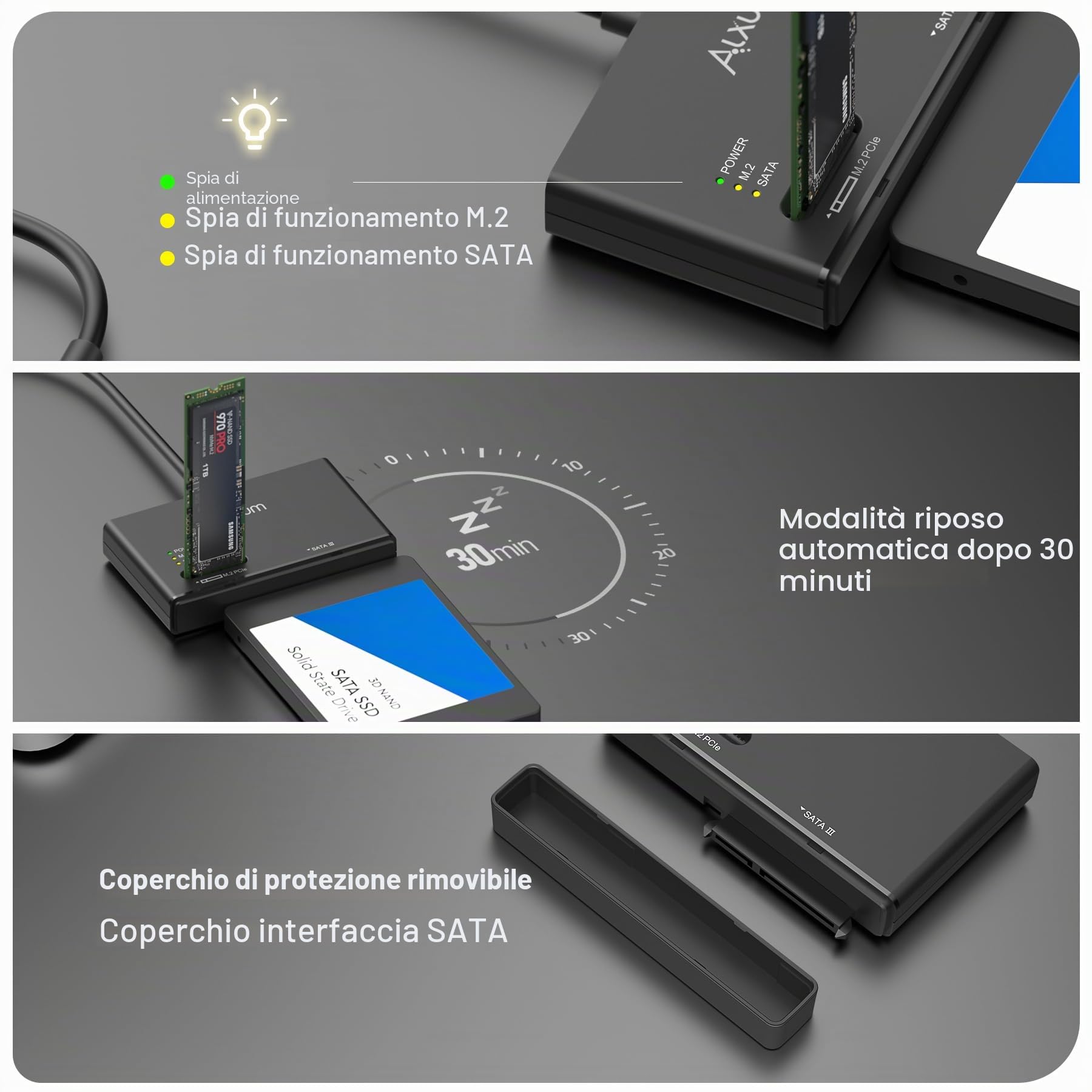 Alxum USB C a NVMe M.2 e SATA HDD/SSD Enclosure, M.2 a SATA Adapter Supporto 10Gbps Trasferimento dati, Include 12V/2A Alimentazione