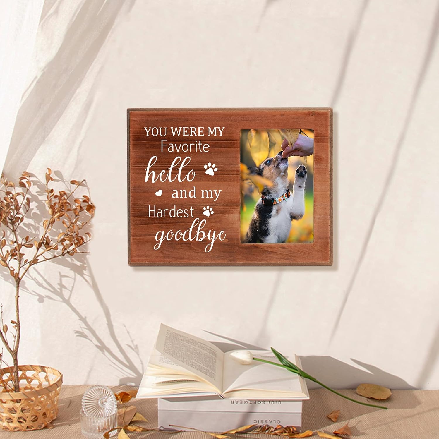 FINGERINSPIRE 4x6 Inch Picture Frame Pet Memorial Picture Frame with Paw Prints Saddle Brown Wood Photo Frame Rectangle Frame with You Were My Favorite Hello And My Hardest Goodbye Words