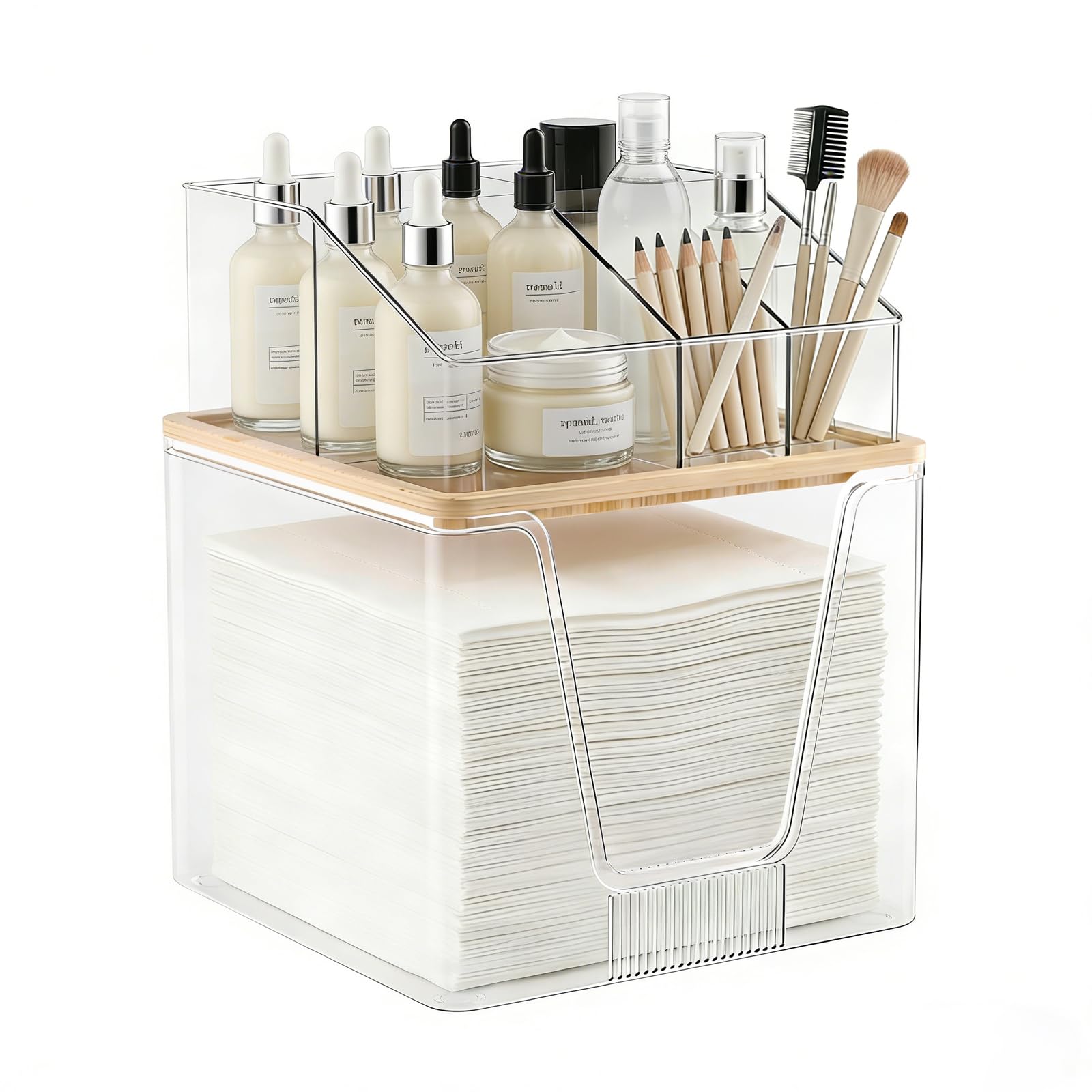 2 in 1 Disposable Facial Towel Holder and Cosmetic Organizer, Clear Storage with Bamboo Lid Compatible with Clean Skin Club Towel XL, Stackable Vanity Organizer for Bathroom Vanity Counter, 2 Tier