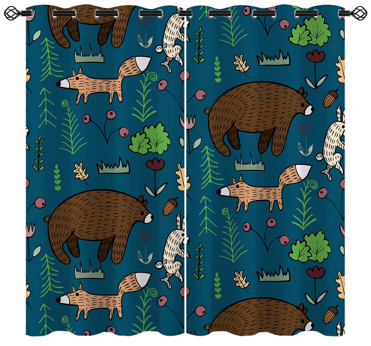 ONINUO Cartoon Animals Blackout Curtains for Girls Boy Home Decor, Woodland Nursery Cute Jungle Bear Grommet Thermal Insulated Drapes Darkening Window Curtain for Bedroom Living Room, 55 x 63 Inch