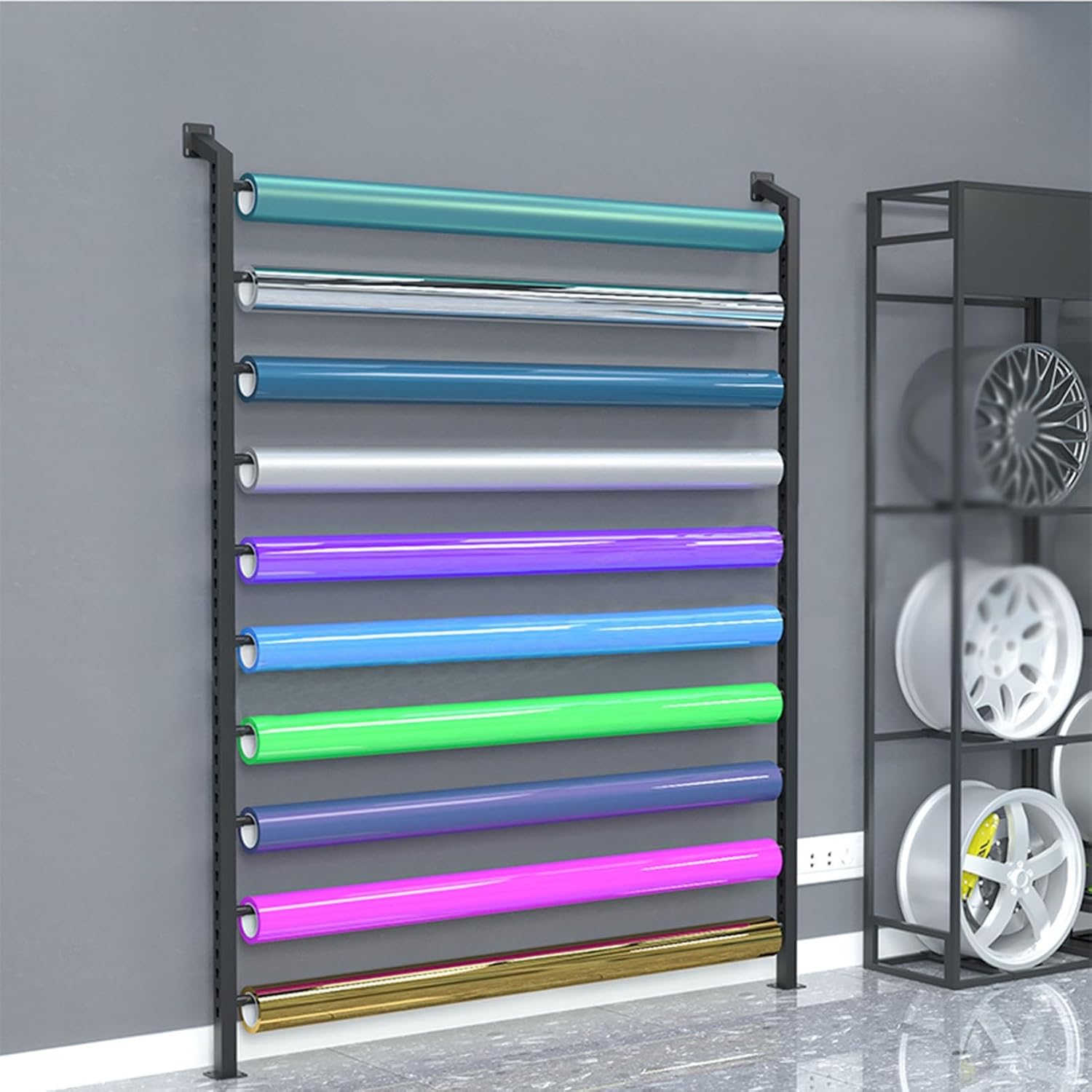 Wall Mounted Vinyl Roll Organizer, Multifunctional Storage Rack with Hanging Rod for Car Color Change Wrap/Window Sun Film/Wallpaper/Textile Fabric, Commercial Meta