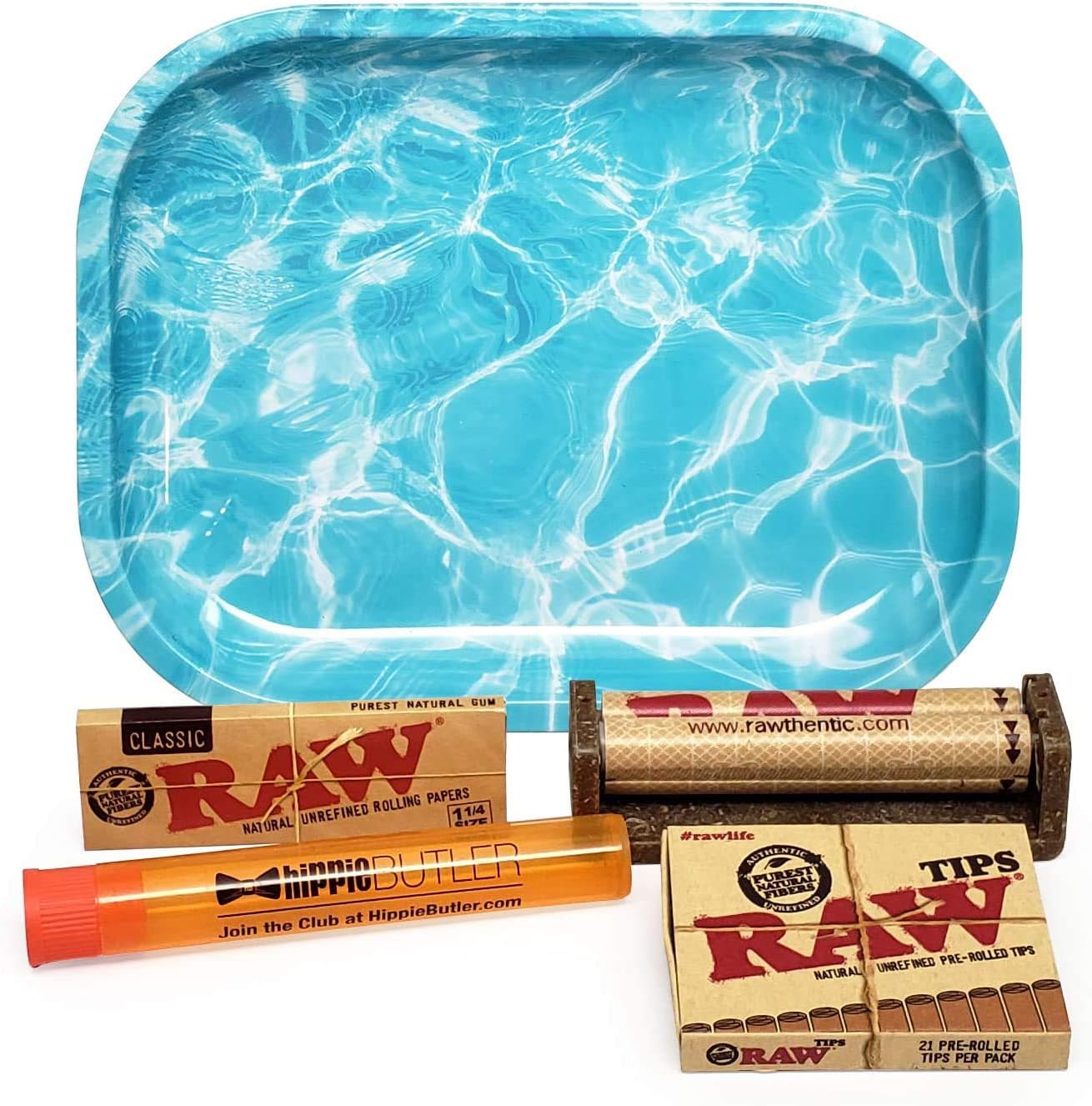 Bundle - 5 Items - RAW Classic 1 1/4 Rolling Papers, 79mm Roller, Pre-Rolled Tips with Hippie Butler Mini Rolling Tray (Ripple) and Hippie Butler Kewl Tube