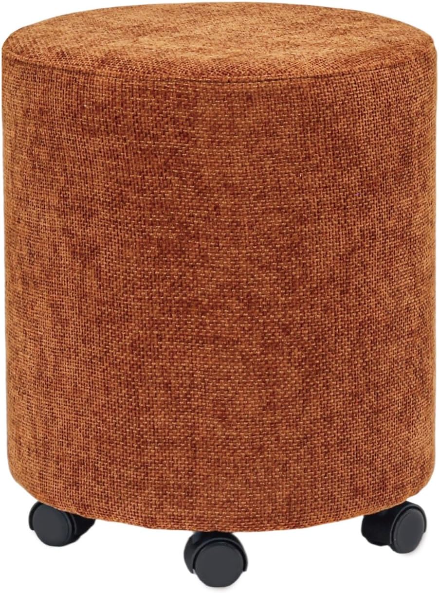 Get Set Style Modern Round Ottoman with with Four Wheels, Vanity Stool for Makeup, Upholstered Footrest Stool Ottoman Foot Stool for Living Room, Bedroom Orange
