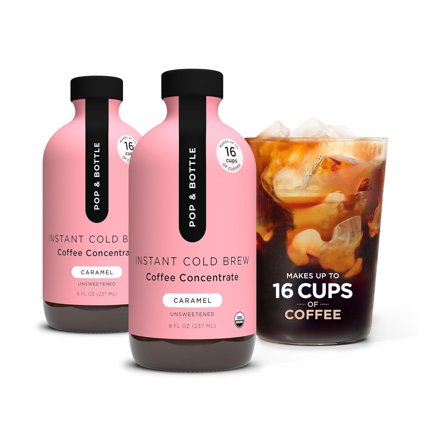 Pop & Bottle Cold Brew Coffee - Organic Cold Brew Concentrate for Instant Iced Coffee, Dairy-Free, Makes Up to 16 Cups - Caramel, 8 Fl Oz (2 Pack)