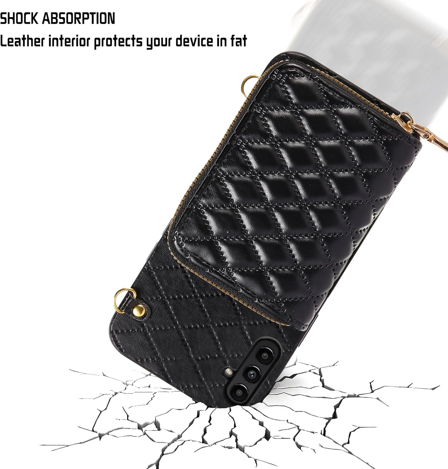 Compatible with Samsung Galaxy S25 5G Zipper Wallet Case with Crossbody Shoulder Strap Flip Purse Card Slots, Luxury PU Leather Card Holder Stand Cell Phone Cover for S 25 25S G5 Women Black