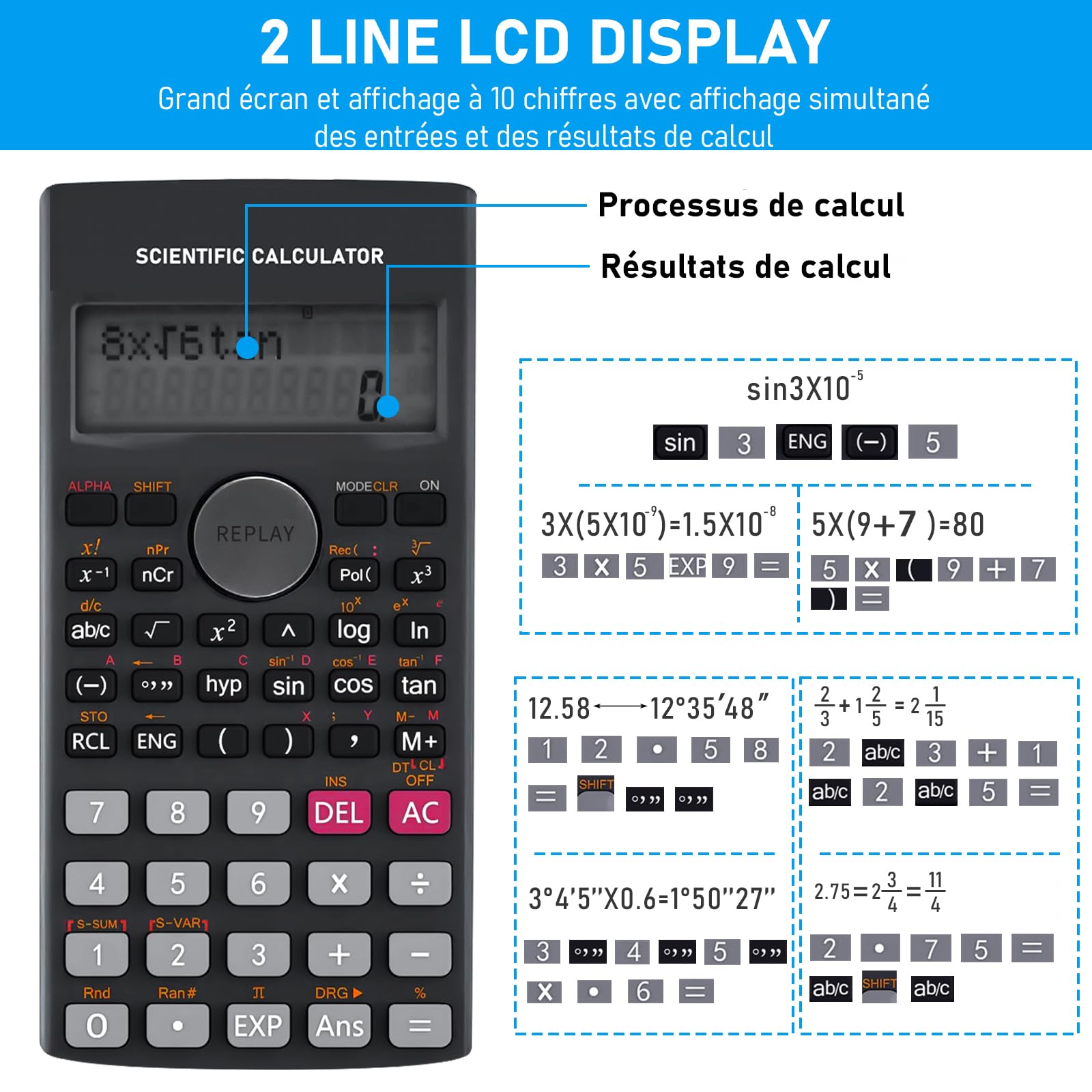 Lot de 10 Calculatrices Scientifiques, Affichage 2 Lignes, 240 Fonctions – pour Classe, École, Formation, Bureau – Noir