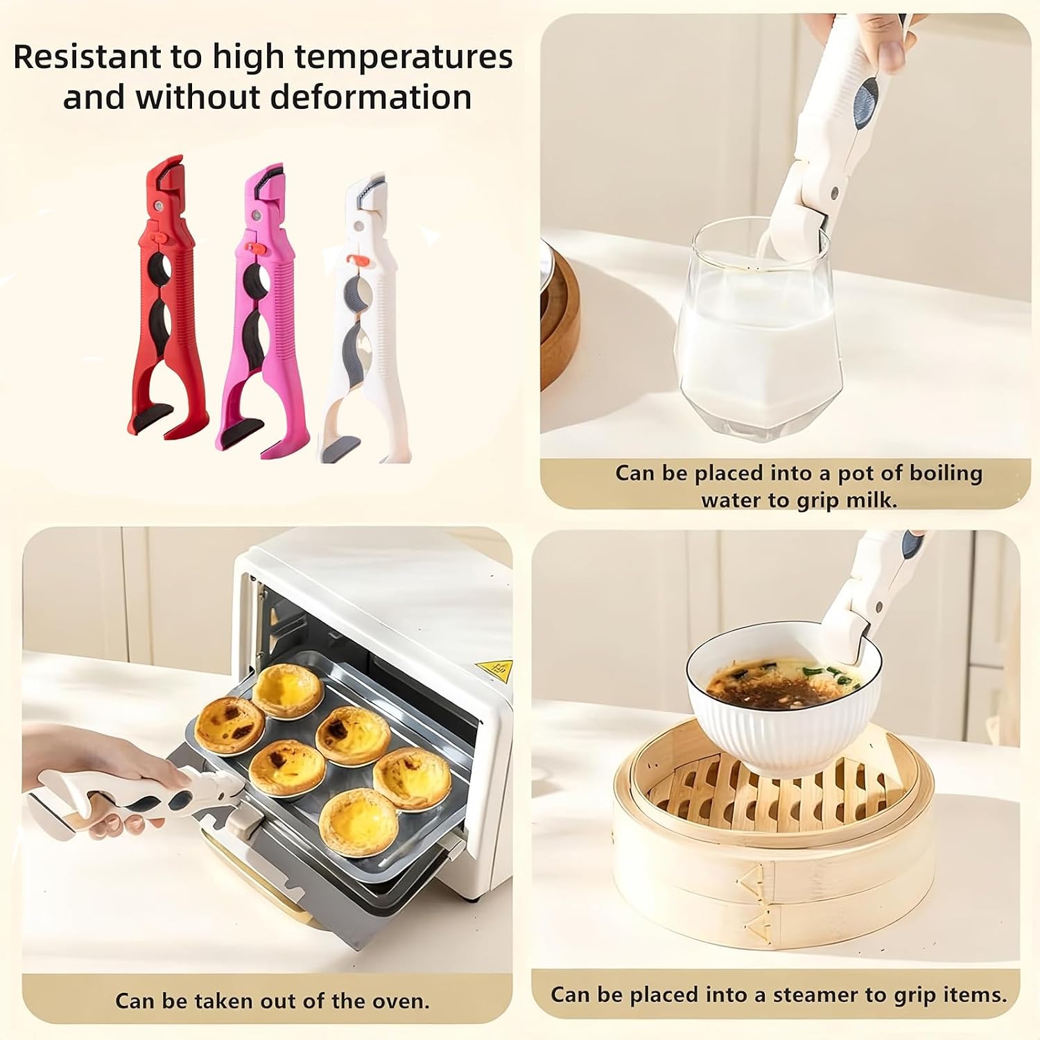 1 Pack 3-in-1 Hot Plate Gripper Tongs, Dual Heads Multi-Purpose Kitchen Utensils Anti-Scald Bowl Plates Holder Clip For Home Cooking Moving Hot Bowl Tong (Red)